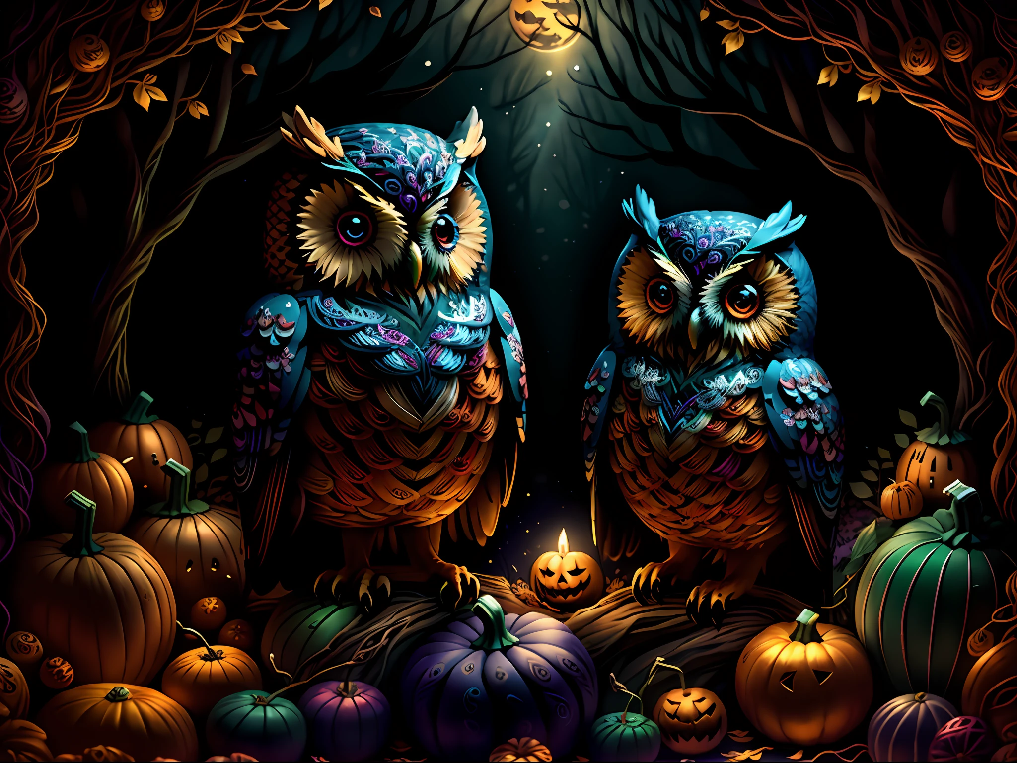"owl in a dark forest at night surrounded by pumpkins for halloween, multi-dimensional quilling paper, art, chibi, yang08k, beautiful, colorful, masterpieces, top quality, best quality, official art, beautiful and aesthetic, (16k ultra-realistic)"