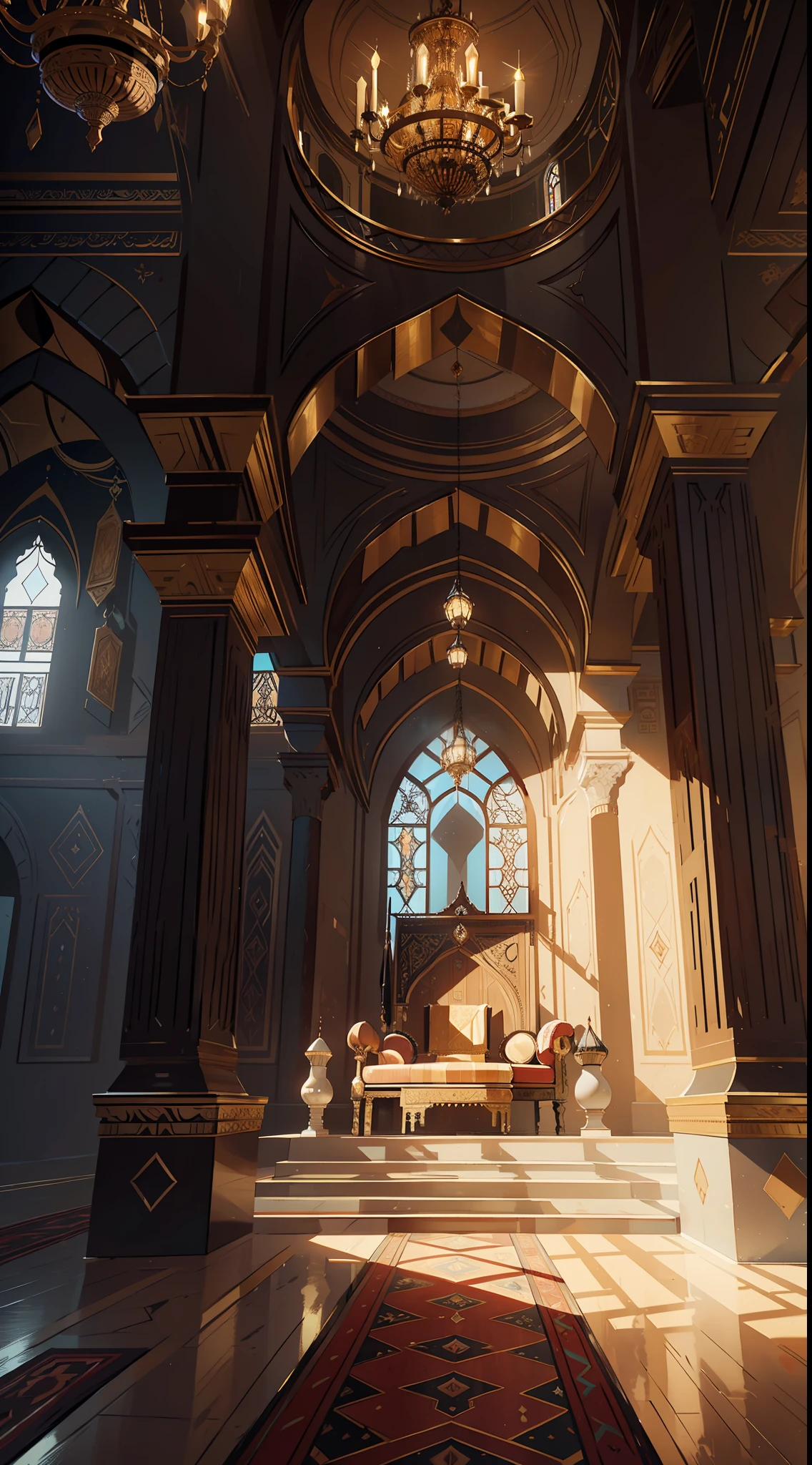 a close up of a large room with a chandelier and a chandelier, inside a palace, inside a grand ornate room, mosque interior, moroccan mosque, islamic interior design, dark majestic ornate great hall, islamic architecture, arabic architecture, cyberpunk mosque interior, unreal engine 5 render dramatic, in a throne room, exquisitely designed throne room, moorish architecture, throne silhouette