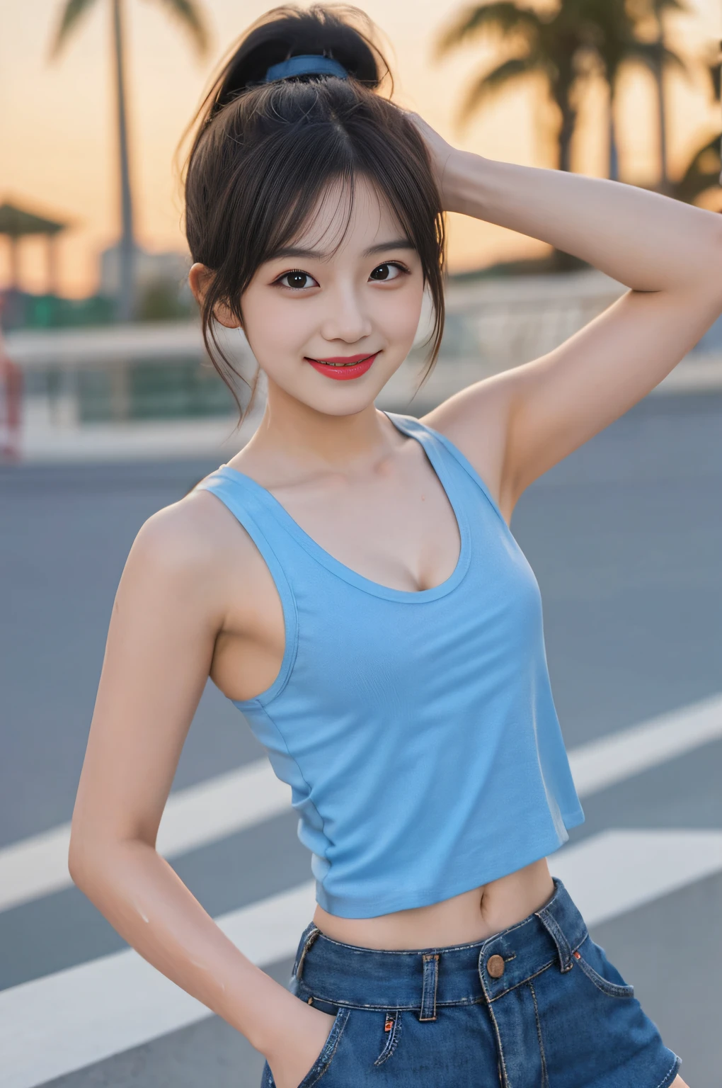 ((1 female: 1.5)), (anatomically correct proportions), (sexy proportions), ((male attractive poses)), detailed face, detailed hair, detailed skin, (( Small face: 1.2)), (light makeup), thin waist, (large breasts), ((short torso)), ((1 screen)), 8K, RAW shot, highest quality, ((masterpiece)), realistic photo, shot above the knee, (cute face like a Japanese idol), 18-year-old beauty, (amusement park on a hot summer day: 1.5), sweaty standing beauty, body sweaty Shining: 1.5, (Transparent tank top with thin fabric: 1.5), Sweat-stained tank top: 1.5, (Body-fitting tank top), (No bra: 1.5), (Cleavage), ((nipple shadow: 1.5)), (miniskirt is wet: 1.5), (forehead sweat), (wet bangs: 1.8), ponytail, smile to seduce a man