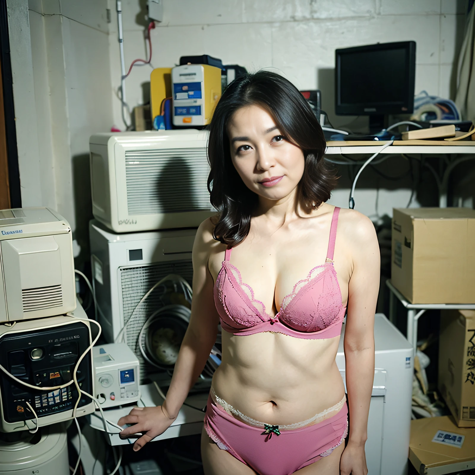((top-quality、8K分辨率、Master masterpiece、Portrait:1.3)), Photorealsitic, 35㎜ film, 1 Japan Woman, Beautie, 47 years old, Wavy Hair, Wrinkles at the corners of the eyes, Plump body, ((bra very、 on :1.5)) , (a very messy room: 1.3), Jumbled background, Lots of old computers, CRT monitor, cables