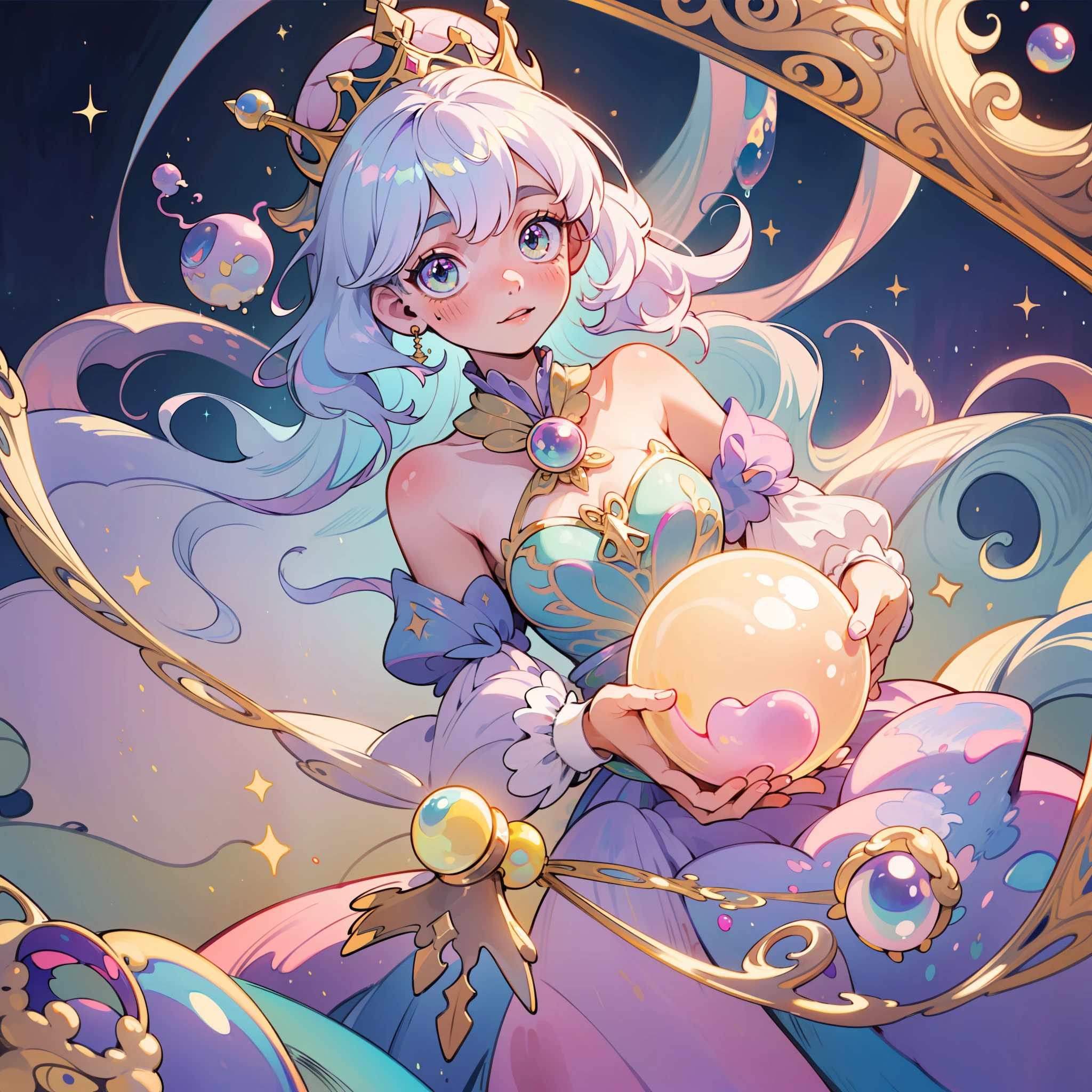 masterpiece, best quality, 8k resolution, sharp focus, intricate detail, beautiful girl, sparkling eyes, golden ratio face, otherworldly liquid, watercolor, ((pastel colors)), bright colors, whimsical, colorful, sharp focus, high resolution, fine detail, princess fantasy ballgown, ((round eyes)), iridescent bubbles, castle landscape in background