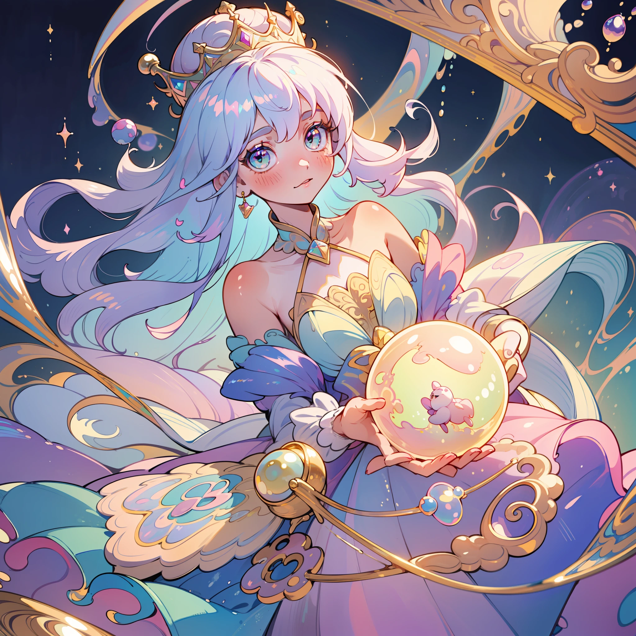 masterpiece, best quality, 8k resolution, sharp focus, intricate detail, beautiful girl, sparkling eyes, golden ratio face, otherworldly liquid, watercolor, ((pastel colors)), bright colors, whimsical, colorful, sharp focus, high resolution, fine detail, princess fantasy ballgown, ((round eyes)), iridescent bubbles, castle landscape in background
