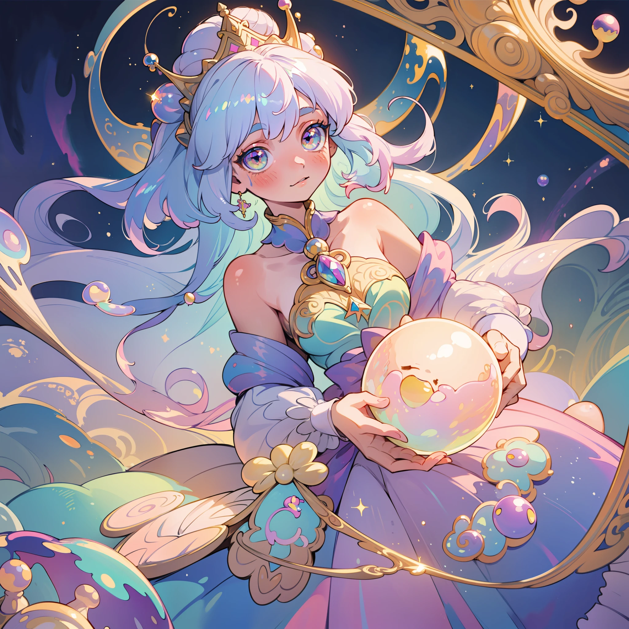 masterpiece, best quality, 8k resolution, sharp focus, intricate detail, beautiful girl, sparkling eyes, golden ratio face, otherworldly liquid, watercolor, ((pastel colors)), bright colors, whimsical, colorful, sharp focus, high resolution, fine detail, princess fantasy ballgown, ((round eyes)), iridescent bubbles, castle landscape in background
