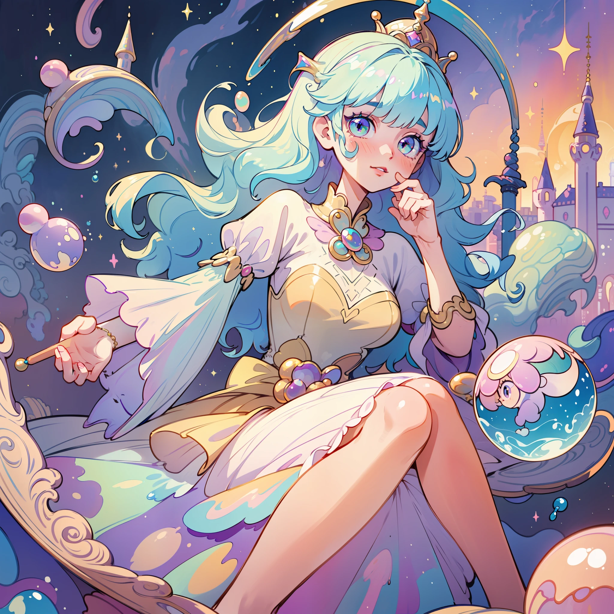 masterpiece, best quality, 8k resolution, sharp focus, intricate detail, beautiful girl, sparkling eyes, golden ratio face, otherworldly liquid, watercolor, ((pastel colors)), bright colors, whimsical, colorful, sharp focus, high resolution, fine detail, princess fantasy ballgown, ((round eyes)), iridescent bubbles, castle landscape in background
