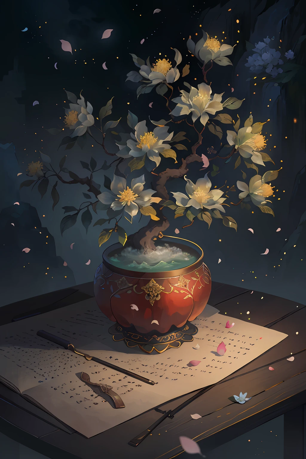 Original,(illustratio:1.1),(best qualtiy),(tmasterpiece:1.1),(the Extremely Detailed CG Unity 8K Wallpapers),(a color:1.2),an osmanthus tree,Osmanthus petals,scenecy,rios|Wagas,