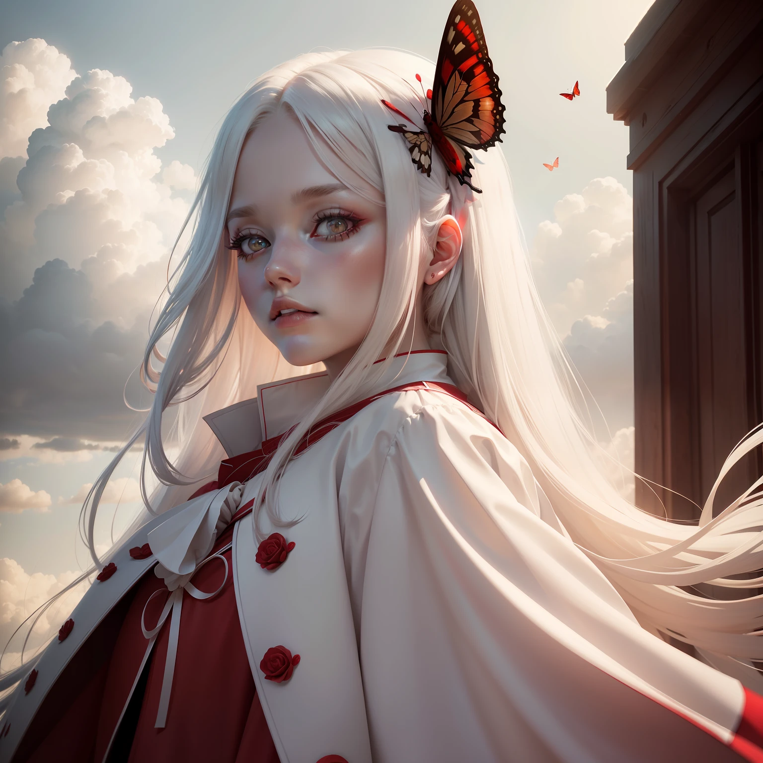 Long white hair, Red pupils, Red butterfly makeup hair accessories, Red skirt, White coat,.{Best quality}, {{Masterpiece}}, {A high resolution},Cinematic lighting,(beautiful detailed cloud