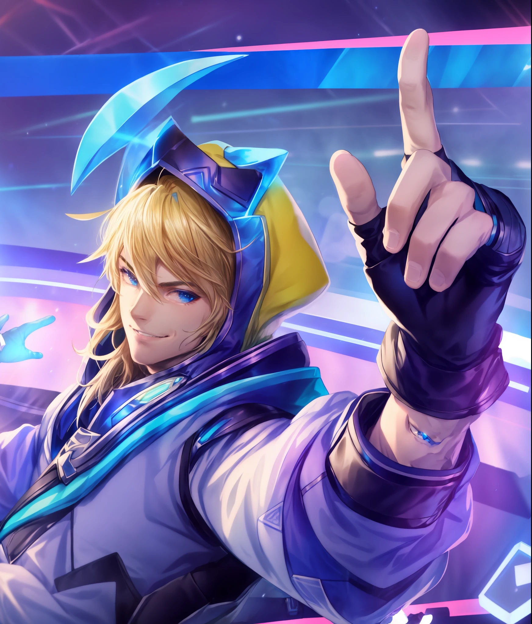 1boy,male focus,blue eyes,gloves,hood,blonde hair,fingerless gloves,solo,smile,jacket,looking at viewer,pointing,hood up,upper body,black gloves,index finger raised,bangs,Light blue main color, sci-fi sense, highest quality