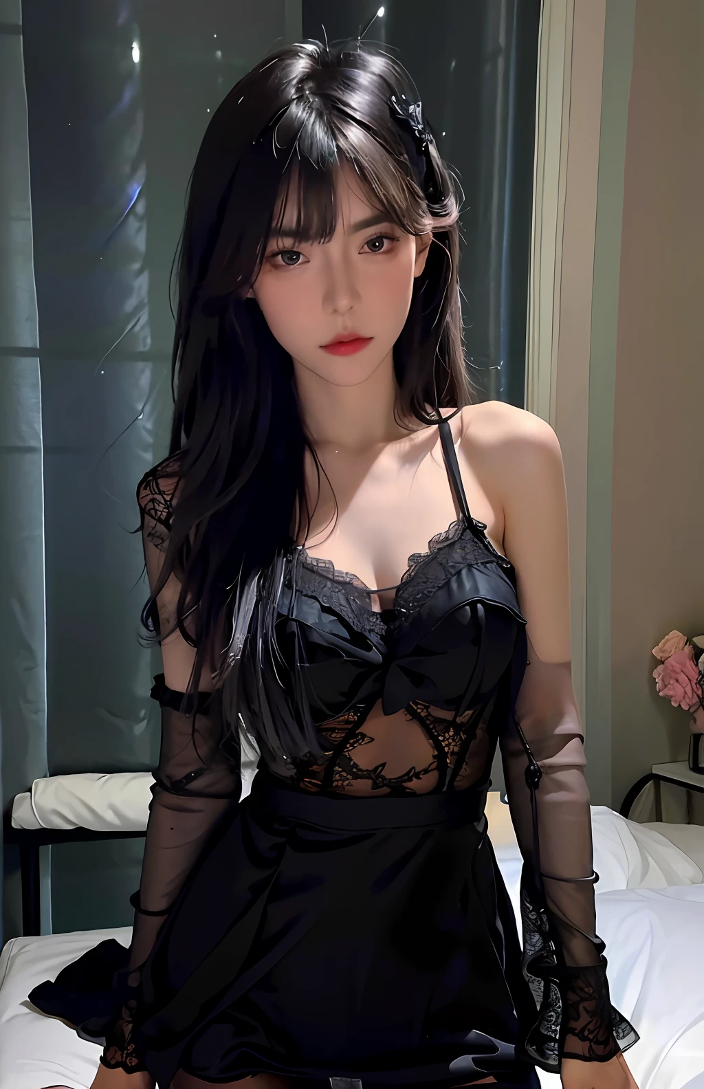 Best quality, masterpiece, ultra high res, (photorealistic:1.4), raw photo, 1girl, ((black lace nightgown)), ((small breast)), cold light