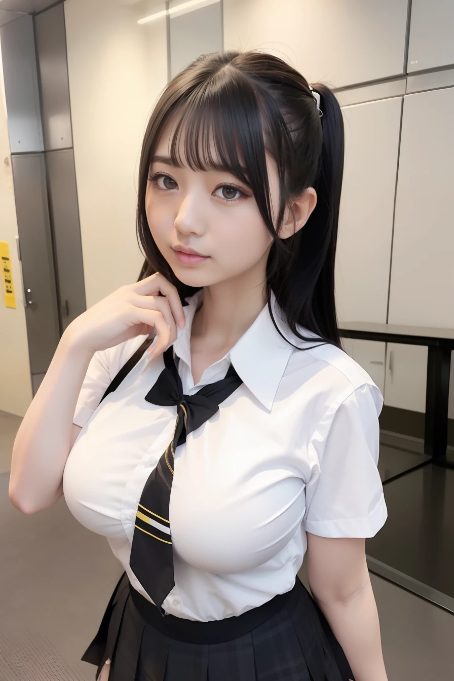 1girl,kurumi,school uniform,2 color eye,black and yellow eye,long hair,background in the school,realistic,ultra detail,4k,super big boobs 15× fold,big hips,japanese school shirt,cute face,beautiful face,super big boobs, big hips
