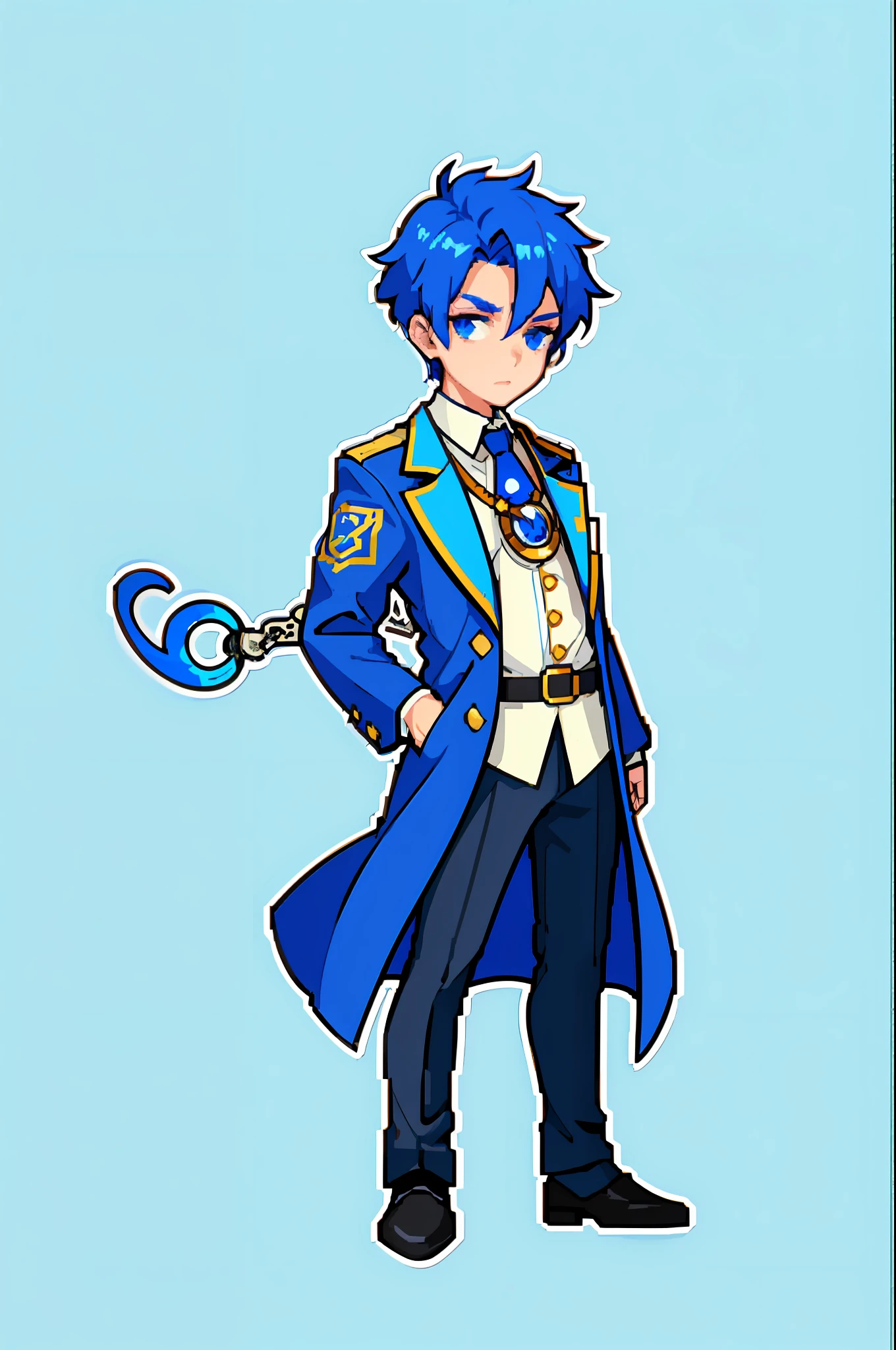 (Masterpiece, Top quality, Best quality), pix, Pixel art,1boys,full bodyesbian, High detail,blue hair,Blue trench coat,Monocular,Wear a silver pocket watch,With a knife