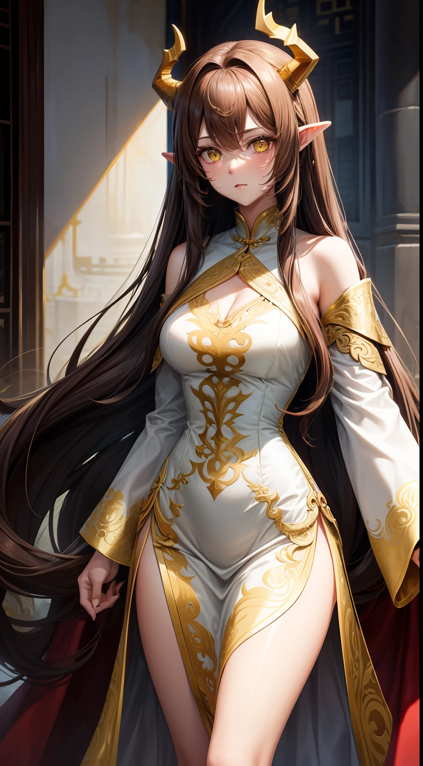 Tall girl, Long brown hair, dragon horns, Yellow eyes, white chinese dress, Gold inserts, open thighs, neckline on the chest, Masterpiece, hiquality
