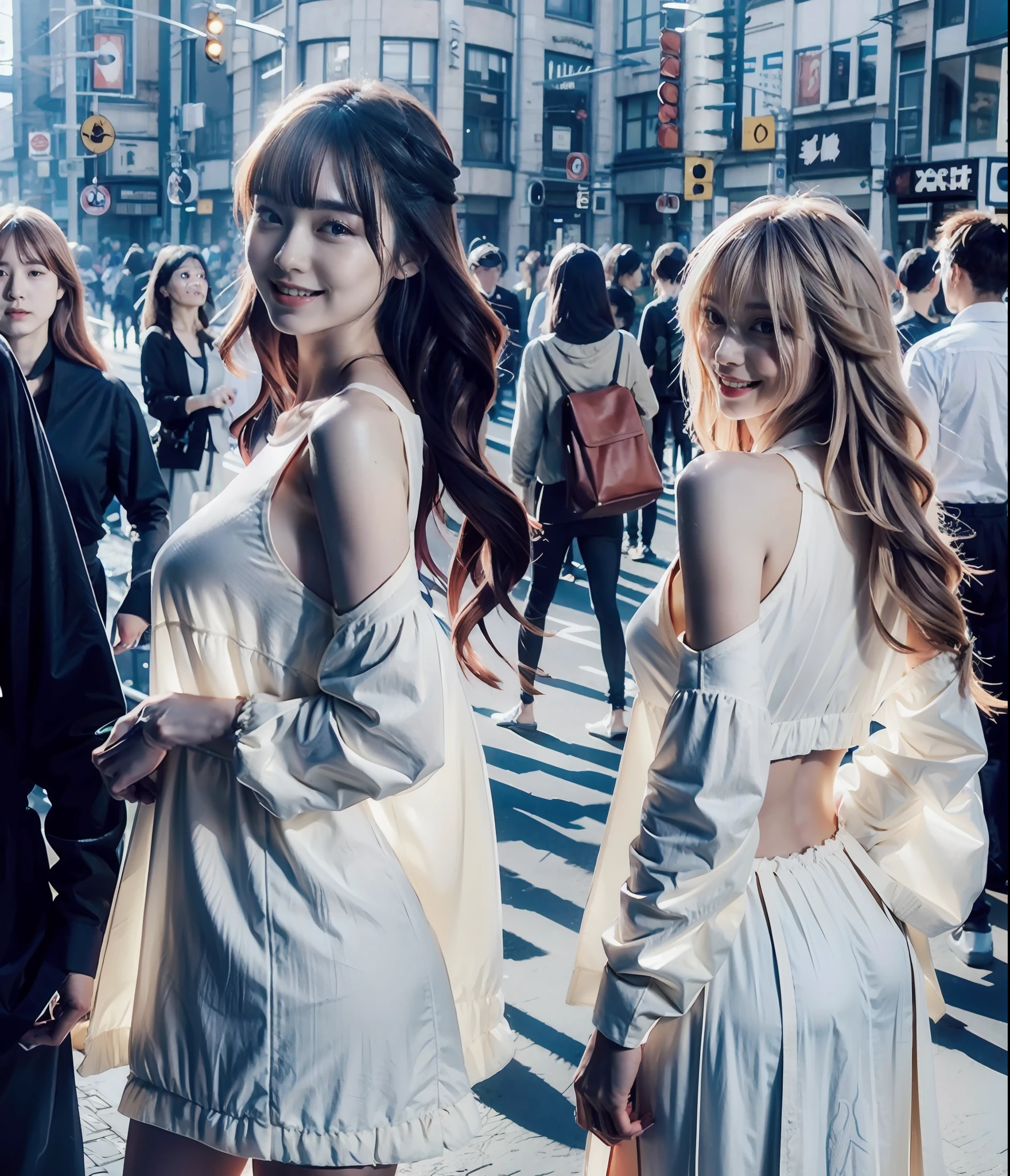 8K、top-quality、masterpiece、Real kei、ultra-detailliert、Girls with different faces、From a distance、Attractive 20 year old Japan woman(Dancers)、short or long hair(a blond、A dark-haired、Brown hair)、early evening、On the streets of Kyoto、cute little、Smiled smile、beautidful eyes、Float NovaFrogStyle、Big breasts、toppless、