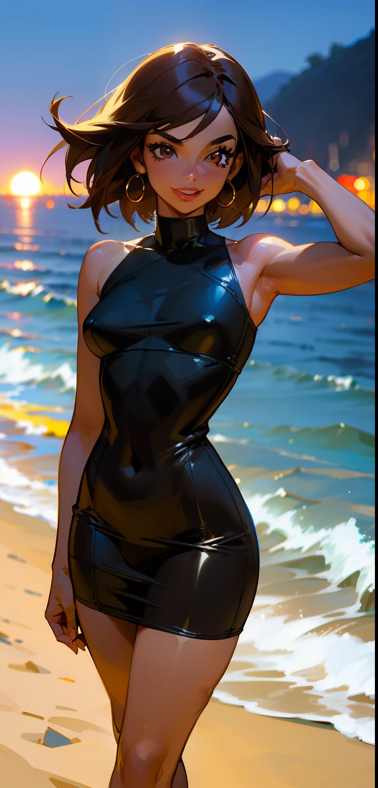 brazilian woman, dark skin, perfect brown eyes, details, ear, eyebrow, smiling, lips, teeth showing, straight brown hair, short shiny black tight dress, slim waist, thick legs, thick thighs, background scenery, rio de janeiro ultra detailed, on the beach, night light, night, night day