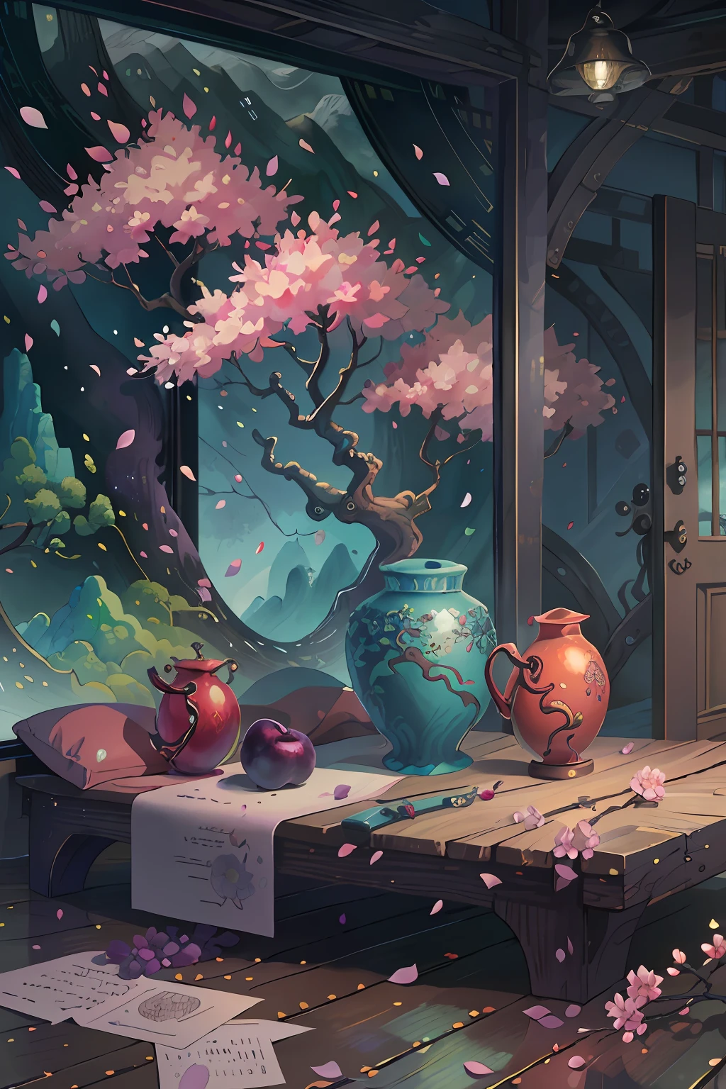 Original,(illustratio:1.1),(best qualtiy),(tmasterpiece:1.1),(the Extremely Detailed CG Unity 8K Wallpapers),(a color:1.2),Plum tree,Plum petals,scenecy,rios|Wagas,