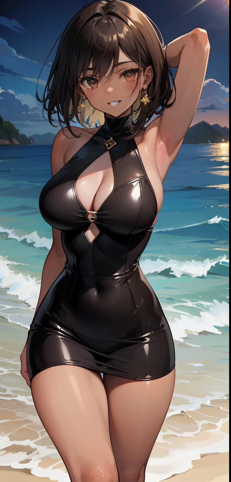 brazilian woman, dark skin, perfect brown eyes, details, ear, eyebrow, smiling, lips, teeth showing, straight brown hair, short shiny black tight dress, slim waist, thick legs, thick thighs, background scenery, rio de janeiro ultra detailed, on the beach, night light, night, night day
