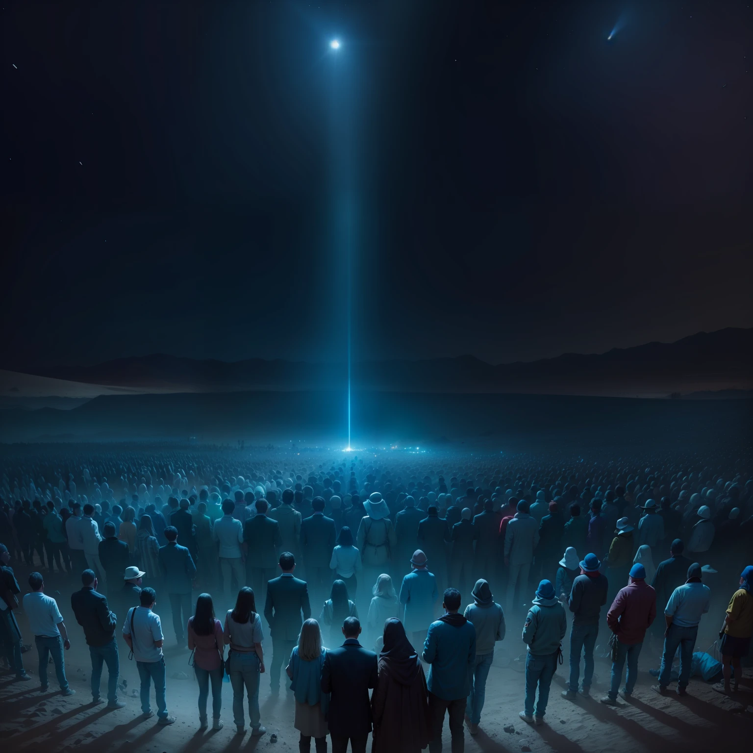 a crowd of people in the middle of a desert, em terreno plano, a noite, and a blue light in front of the crowd, This light is at ground level, and the blue light passing through the crowd, a imagem esta sendo gerada, a uma altura de 2 metros do solo, Do lado oposto, The crowd