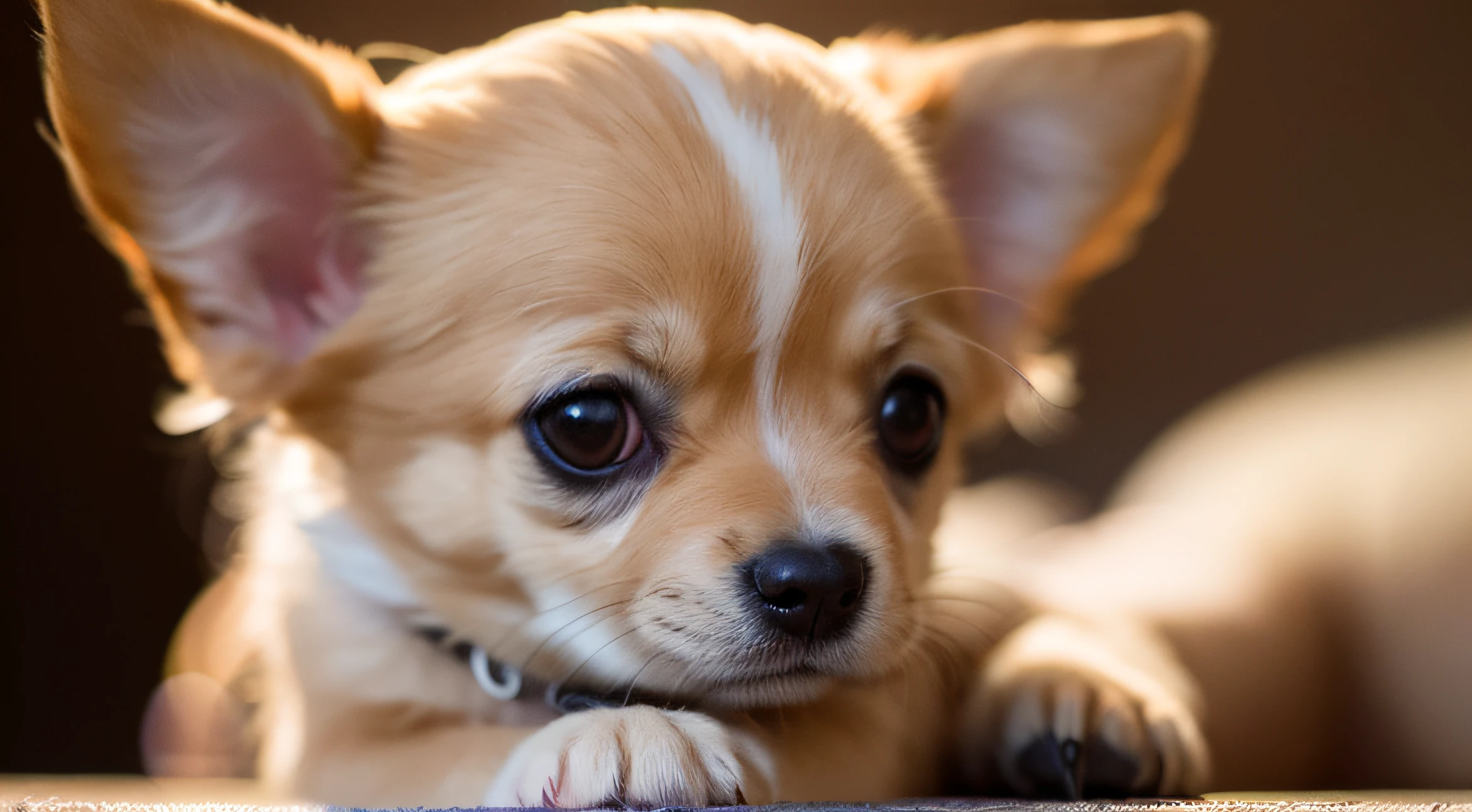 No humans、Chihuahua puppy、(((Has a small)))、Playing、in 8K、professional photograpy、Delicate、Vivid、Sheer sunlight、Light leak、masterpiece、(((lovely)))、plushies、Round pupils、I'm wearing a ribbon、