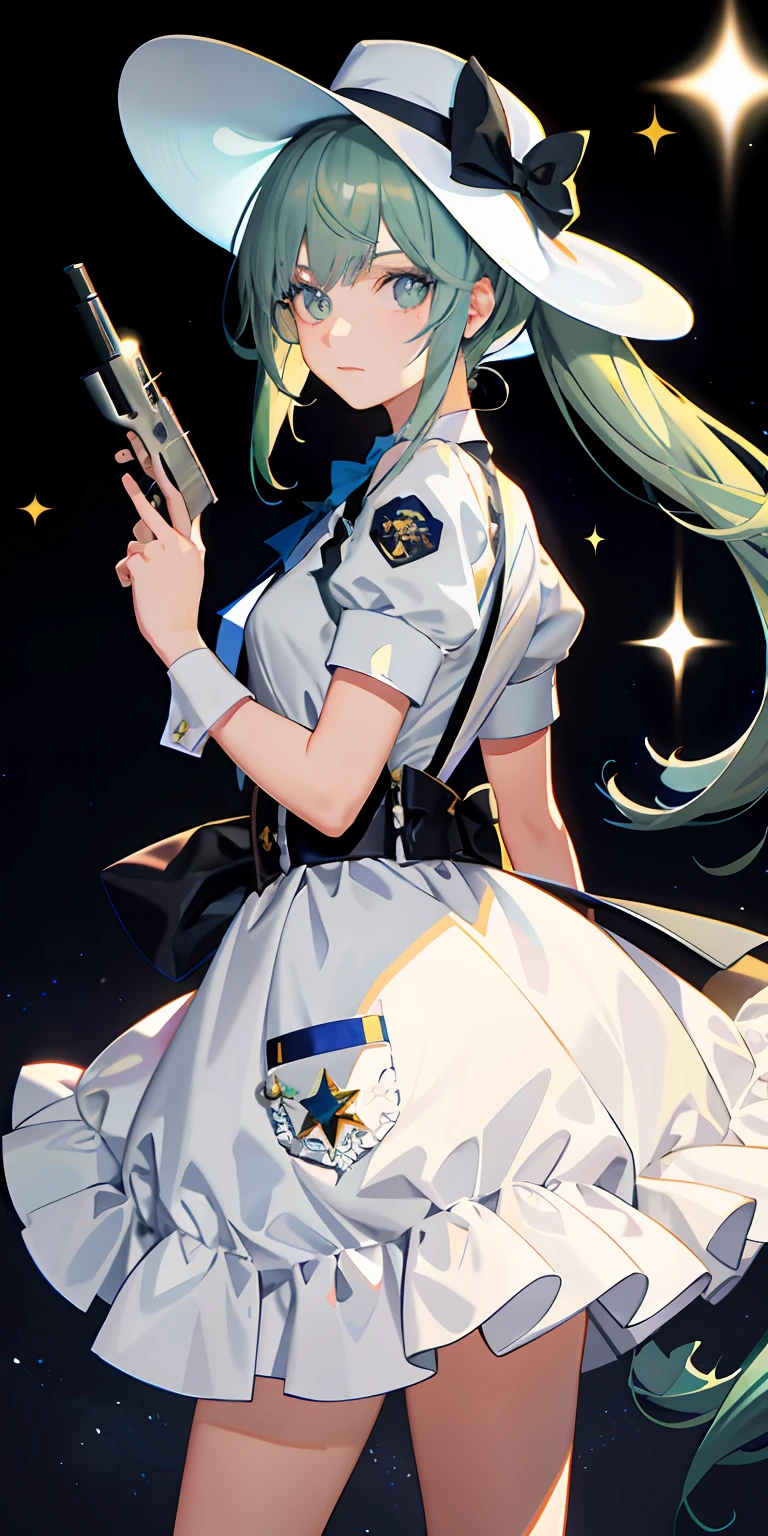 Caucasians，Star eyes，Blue left eye and green right eye，dual horsetail，Mafia hat，Lunette de soleil，Use a gun，the maid outfit