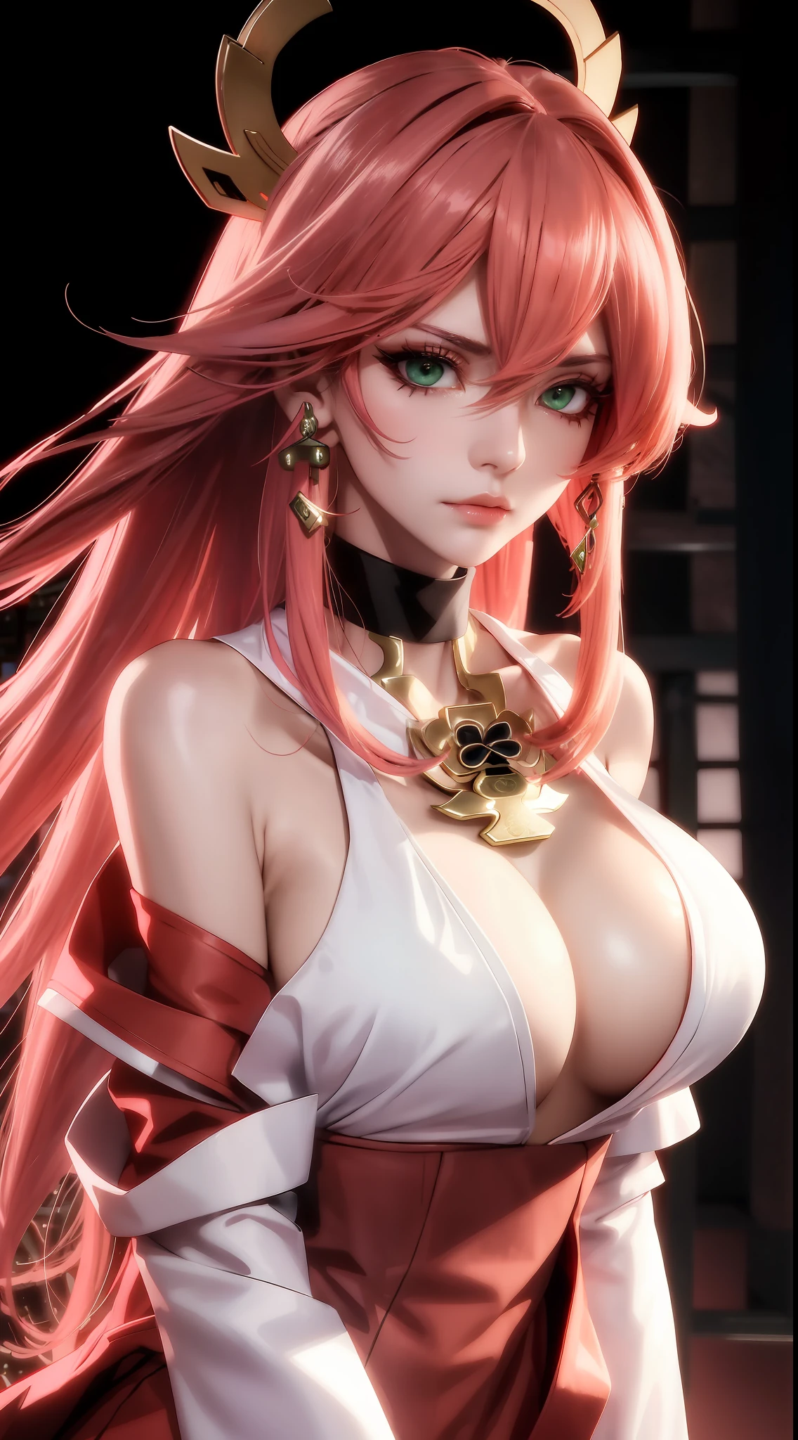 （tmasterpiece，Need，1girll，Solo，The details are complex，color difference），photorealestic，（（Medium breath）），cropped shoulders，cleavage，scowling，Raised sexy，Yae Miko，Pink Long Hair，red headgear，Red highlight，Hair above one eye，Green eyes，耳Nipple Ring，sharp look，Perfectly symmetrical figure，choker necklace，Neon shirt，Open jacket，high-necksweater，against a wall，brick walls，scribbles，dim murky lights，alley，looking at viewert，（（Mean streak，Cleavage is seductive，big breasts enchanting）），（（（sakurabackground))),(((Japanese temple background))), (((Glow-in-the-dark background)))