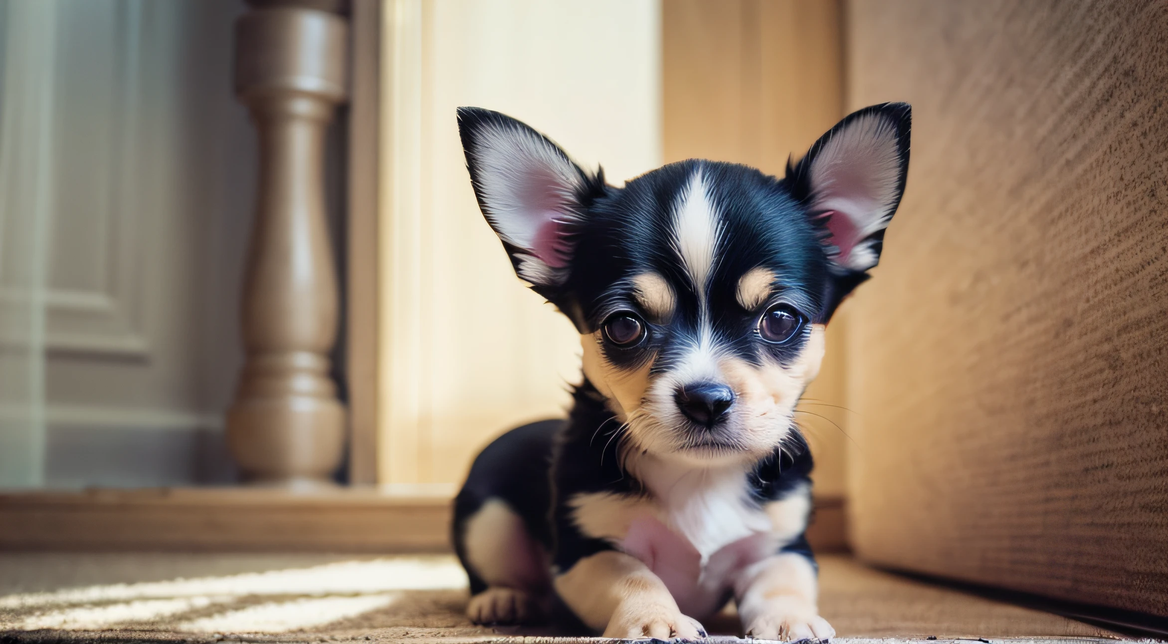 No humans、Chihuahua puppy、(((Has a small)))、Playing、in 8K、professional photograpy、delicate、vivid、Sheer sunlight、Light leak、​masterpiece、(((lovely)))、plushies、Round pupils、I'm wearing a ribbon、