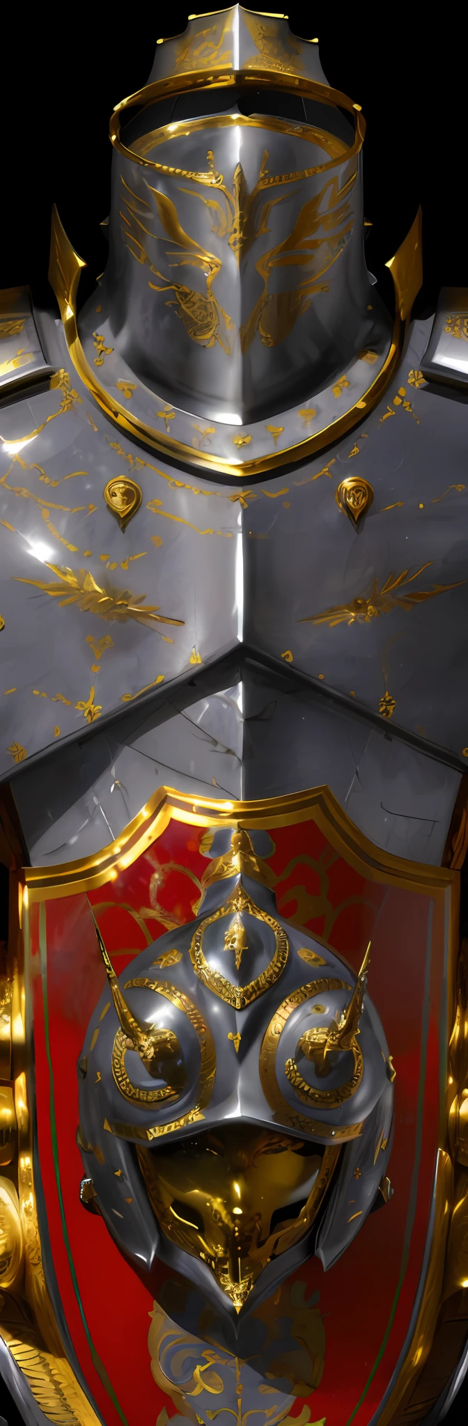 Close-up of helmet with gold and red design, Cracks in the armor, Silver armor，Thin gold trim, Silver armor，golden trim, Intricate armor details, Aging armor plating, exquisite helmet detail, unreal detail, hand painted textures on model, hyperdetailed metalwork, photogenic details on armor, Silvertone，golden trim, detailed intricate ornate armour
