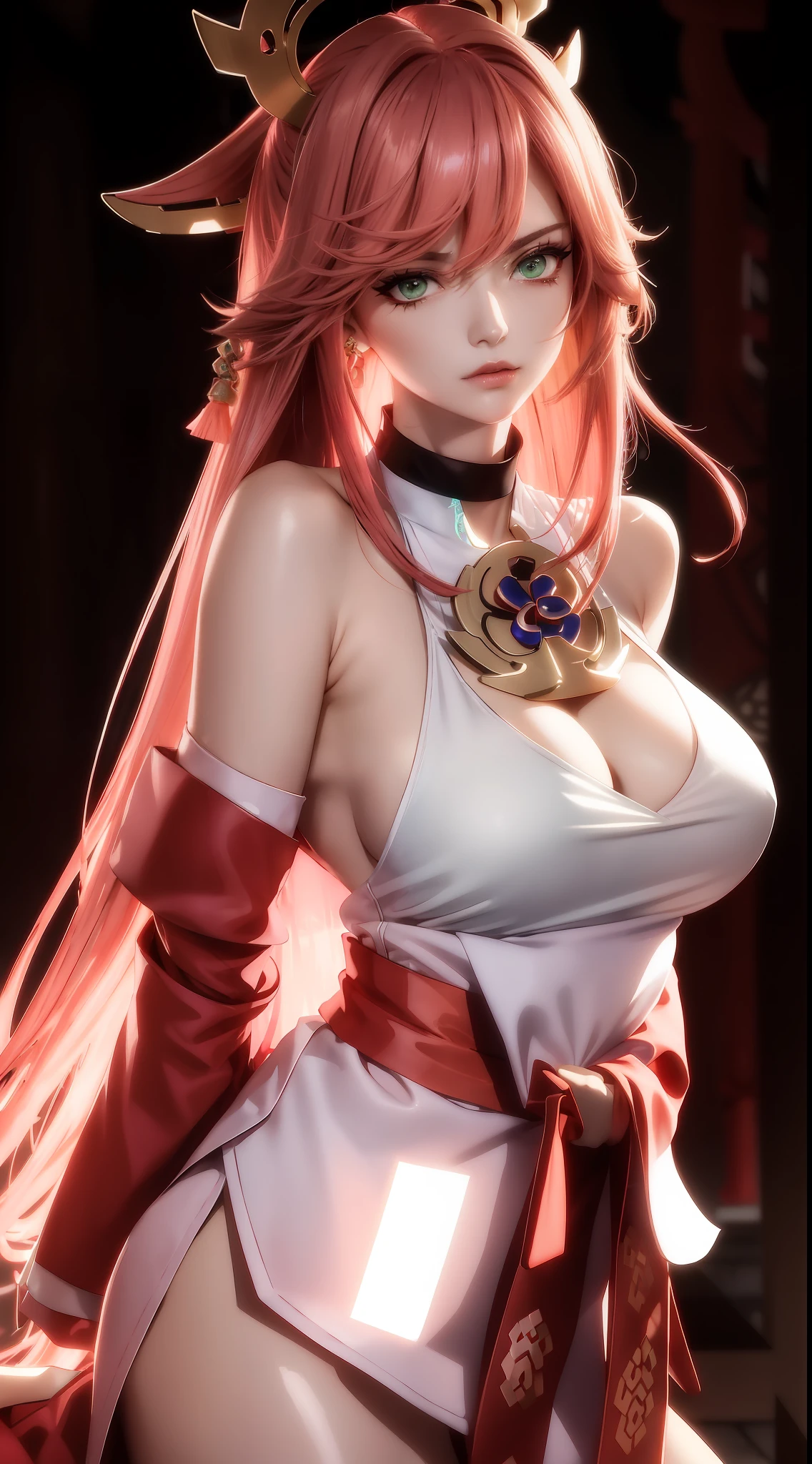(tmasterpiece,Need,1girll,Solo,The details are complex,color difference),photorealestic,((Medium breath)),cropped shoulders,cleavage,scowling,Raised sexy,Yae Miko,Pink Long Hair,red headgear,Red highlight,Hair above one eye,Green eyes,耳Nipple Ring,sharp look,Perfectly symmetrical figure,choker necklace,Neon shirt,Open jacket,high-necksweater,against a wall,brick walls,scribbles,dim murky lights,alley,looking at viewert,((Mean streak,Cleavage is seductive,big breasts enchanting)),(((sakurabackground))),(((Japanese temple background))), (((Glow-in-the-dark background)))