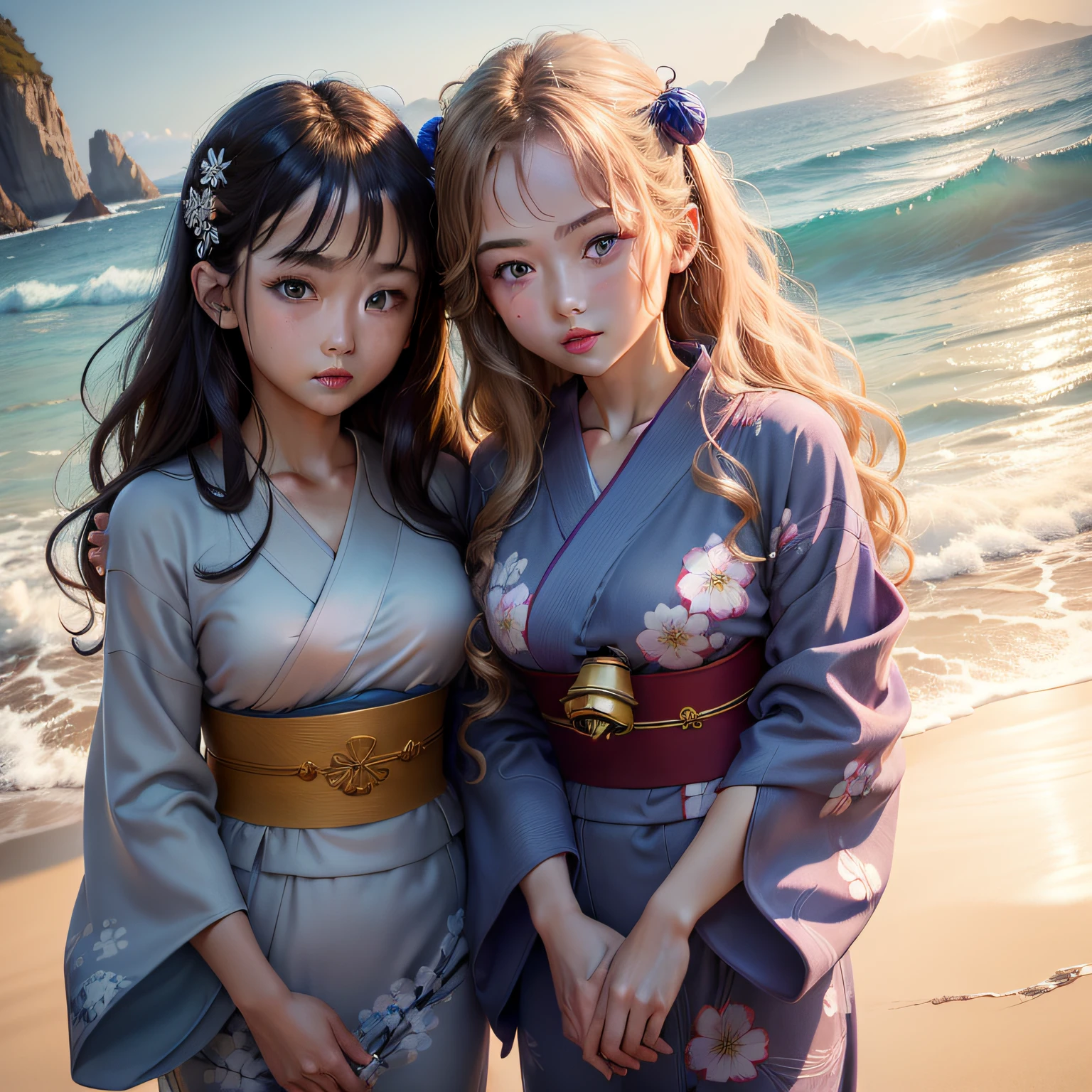 2girls, ((​masterpiece、top-quality、ultra-definition、hight resolution))、4K picture quality、((Beautuful Women))、22year old、wetted skin、radiant eyes、perfect  eyes、((Beautiful Nordic sisters))、the beach,Background crowd、((Long Wave Hair))、((facial close-up))、(((Wearing a bell sleeve yukata)))、​masterpiece、top-quality、ultra-definition、hight resolution))、4K picture quality、