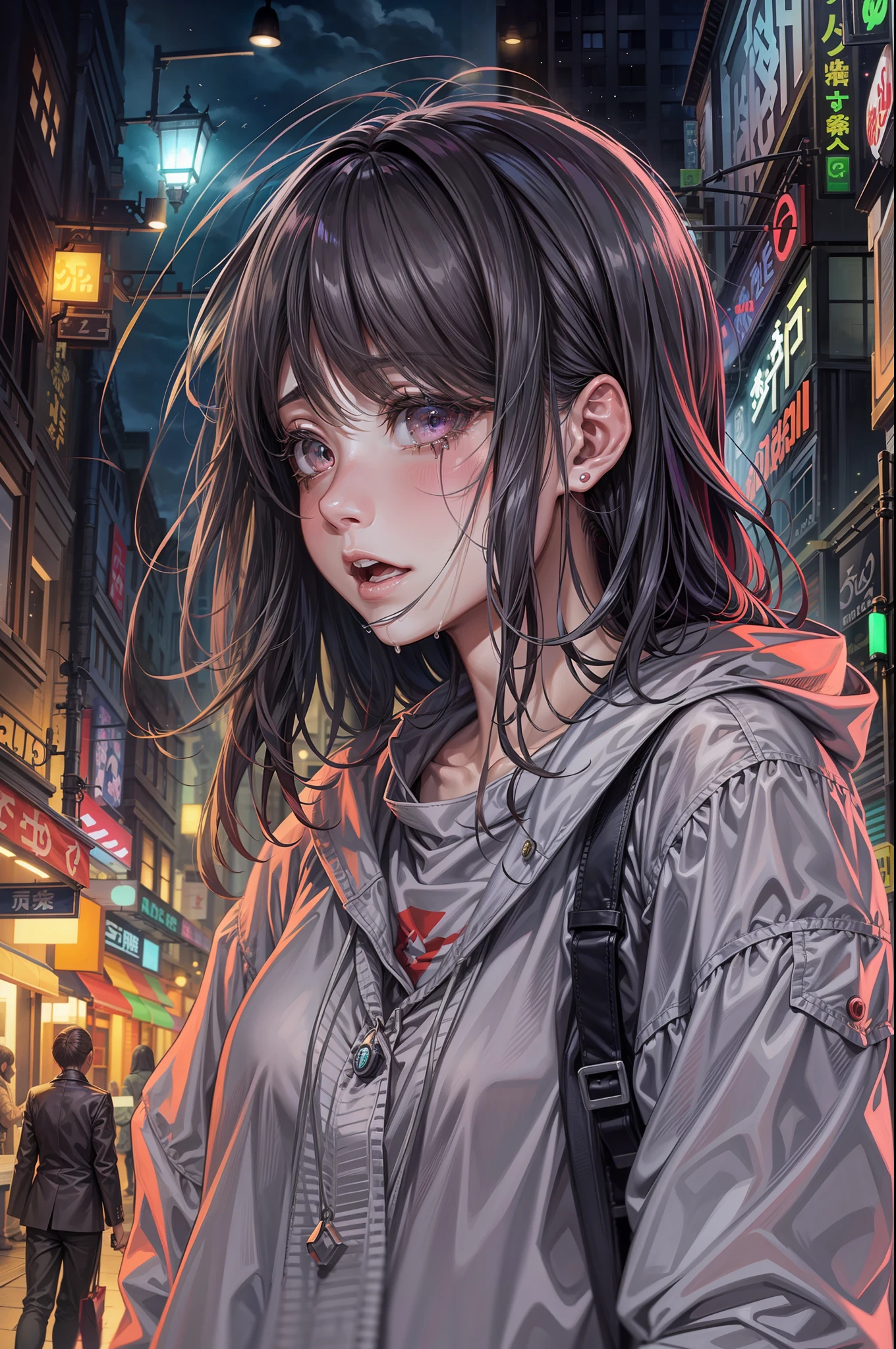 seinen style. young woman cry. sad. It is nighttime and she is standing strolling down a shopping street with large screens and multicolored lights