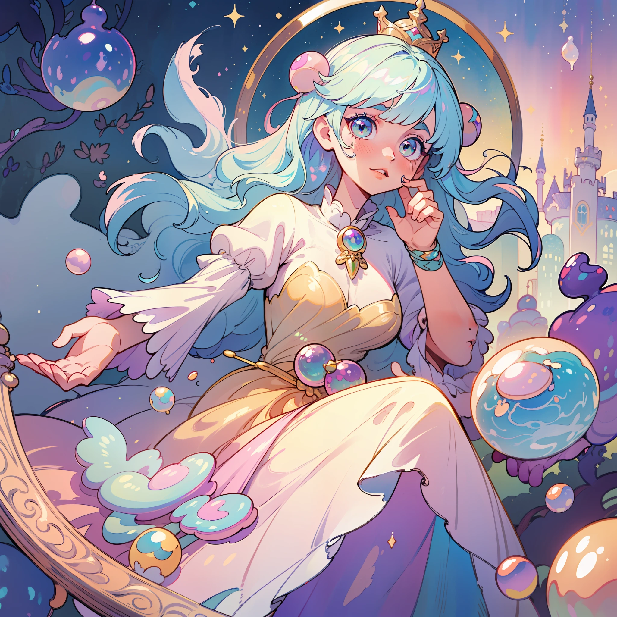 masterpiece, best quality, 8k resolution, sharp focus, intricate detail, beautiful girl, sparkling eyes, golden ratio face, otherworldly liquid, watercolor, ((pastel colors)), bright colors, whimsical, colorful, sharp focus, high resolution, fine detail, princess fantasy ballgown, ((round eyes)), iridescent bubbles, castle landscape in background
