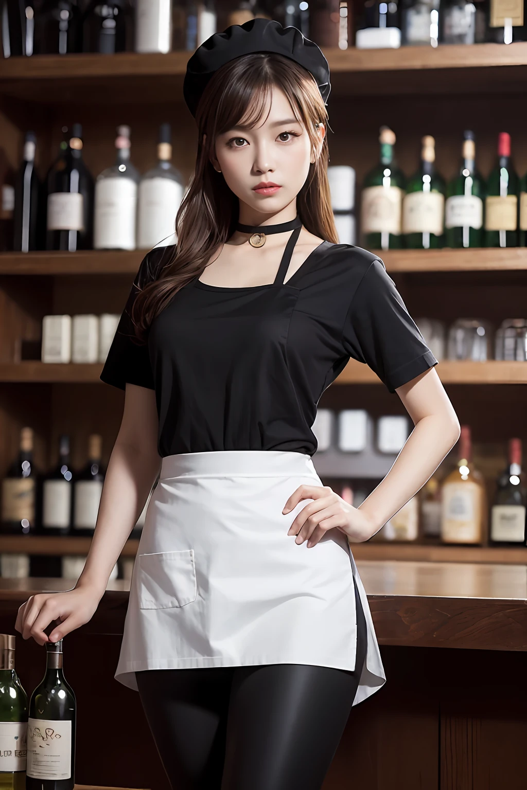 apinkhayoung, chee, a street, (tag:1.1), raw,(8K, top-quality, ​masterpiece:1.2),(intricate detailes:1.4),(Photorealsitic:1.4),octane renderings, Complex 3D rendering ultra detail, Studio Soft Light, Rim Lights, vibrant detail, The ultra-detailliert, realistic skin textures, Detail Face, Beautiful detail eyes, Very detailed CG Unity 8K wallpaper, make - up, (detailedbackground:1.2), (cowboy  shot:1.2),(perfect anatomia:1.2),(wide-hips:1.1)、(Black T-shirt、Liquor store apron up to the waist:1.5、a choker、caps:1.2)、Black Leggings:1.5