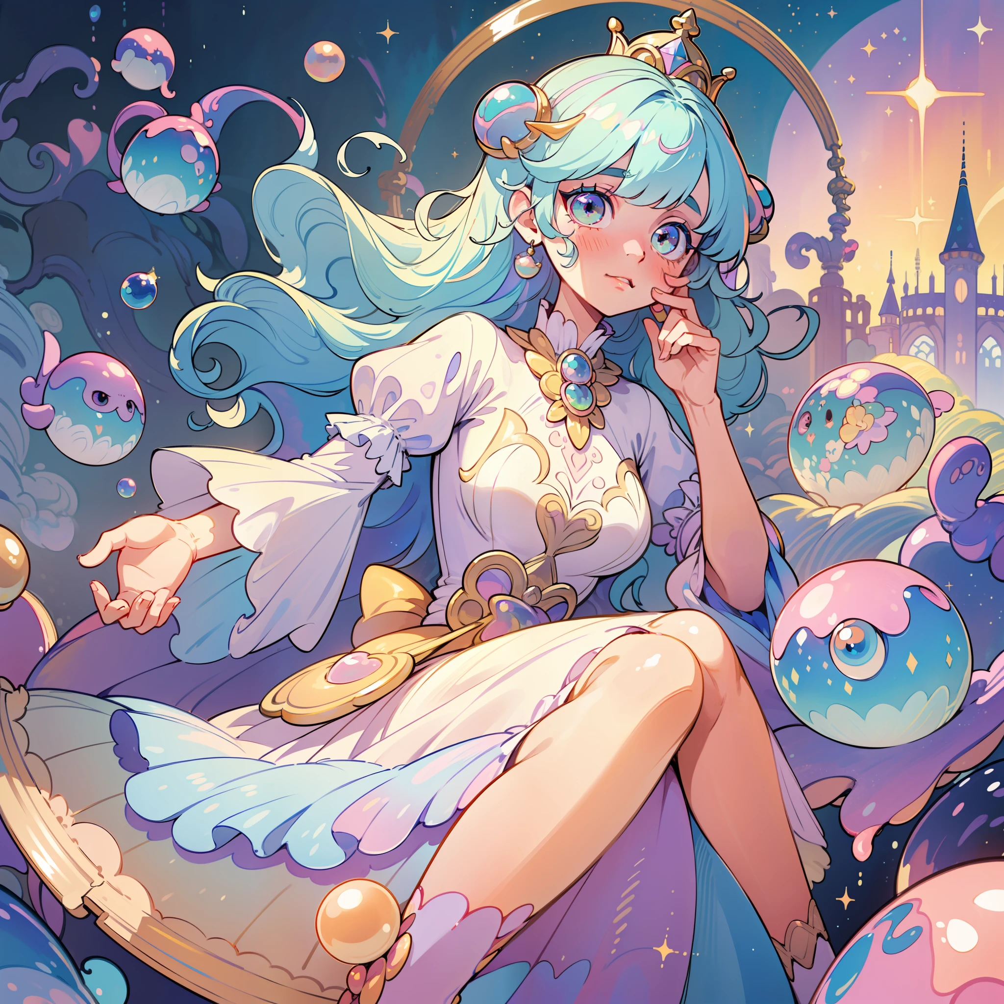 masterpiece, best quality, 8k resolution, sharp focus, intricate detail, beautiful girl, sparkling eyes, golden ratio face, otherworldly liquid, watercolor, ((pastel colors)), bright colors, whimsical, colorful, sharp focus, high resolution, fine detail, princess fantasy ballgown, ((round eyes)), iridescent bubbles, castle landscape in background
