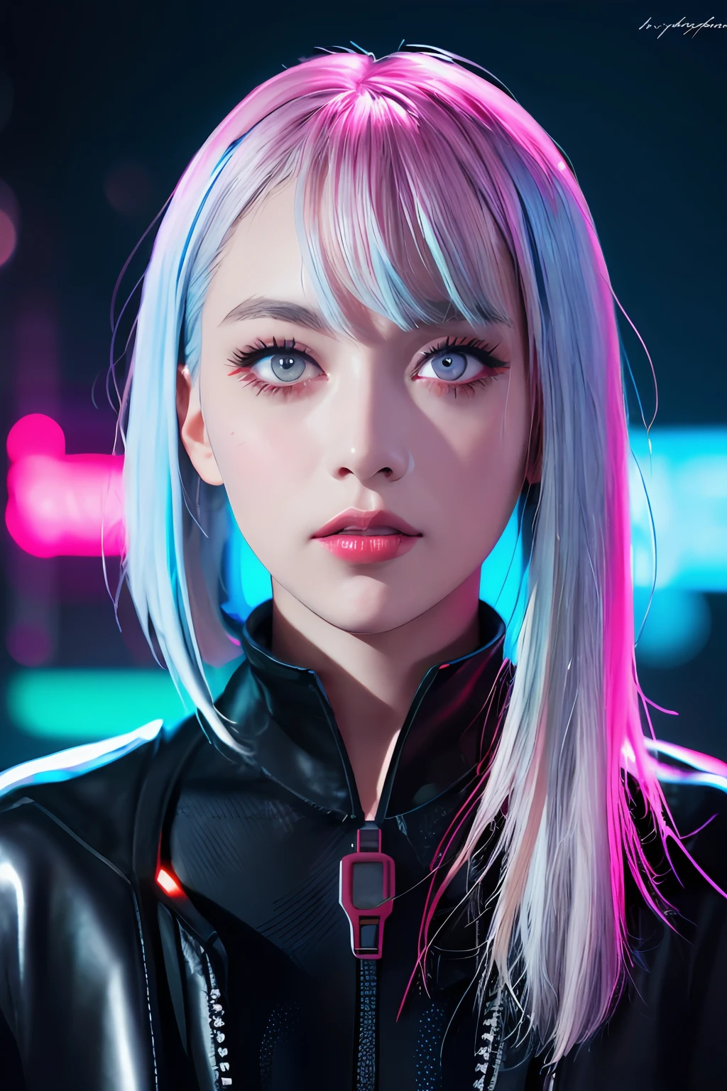 lucy \(cyberpunk\), 1girl,  hair scrunchie, hime cut, silver hair, colored tips, full moon, grey eyes, jacket, long sleeves, looking at viewer, medium hair, multicolored hair, parted bangs, parted lips, pink hair, portrait, red eyeliner, red lips, solo, white jacket, cyberpunk \(series\), rainy night in a cyberpunk city with glowing neon lights