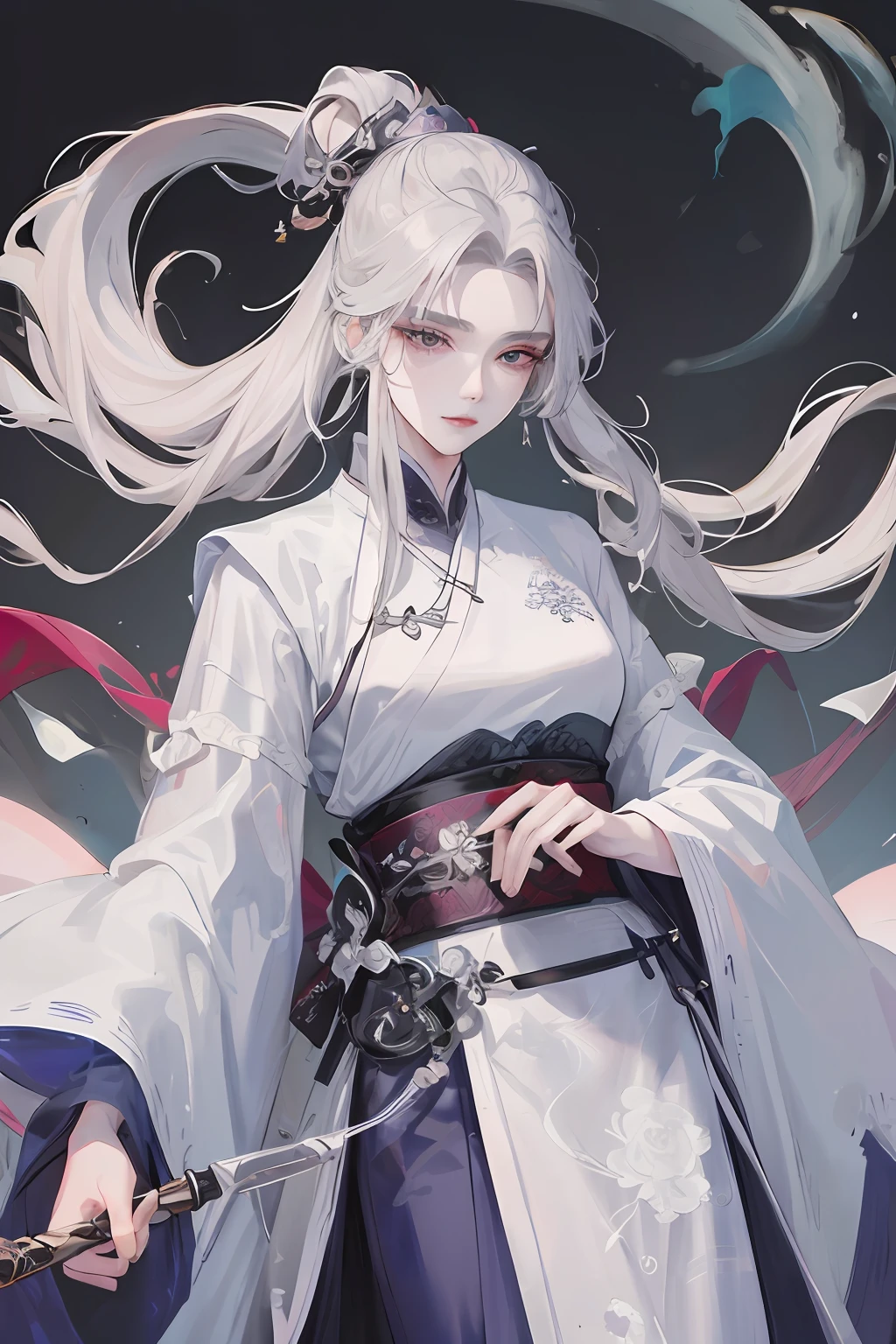 Masterpiece, Best, Night, Full Moon, 1 Female, Mature Woman, Chinese Style, Ancient China, Elder Sister, Royal Sister, Cold Face, Expressionless, Silver White Long Haired Woman, Pale Pink Lips, Calm, Intellectual, Three Belts, Gray Hitomi, assassin, dagger, flower ball background, street view