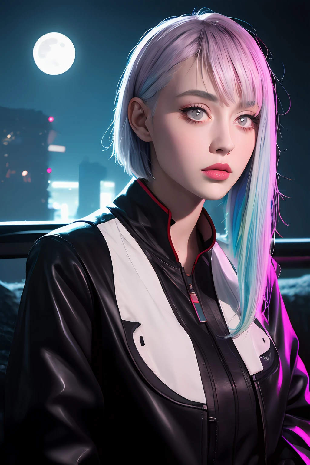 lucy \(cyberpunk\), 1girl,  hair scrunchie, hime cut, silver hair, colored tips, full moon, grey eyes, jacket, long sleeves, looking at viewer, medium hair, multicolored hair, parted bangs, parted lips, pink hair, portrait, red eyeliner, red lips, solo, white jacket, cyberpunk \(series\), rainy night in a cyberpunk city with glowing neon lights