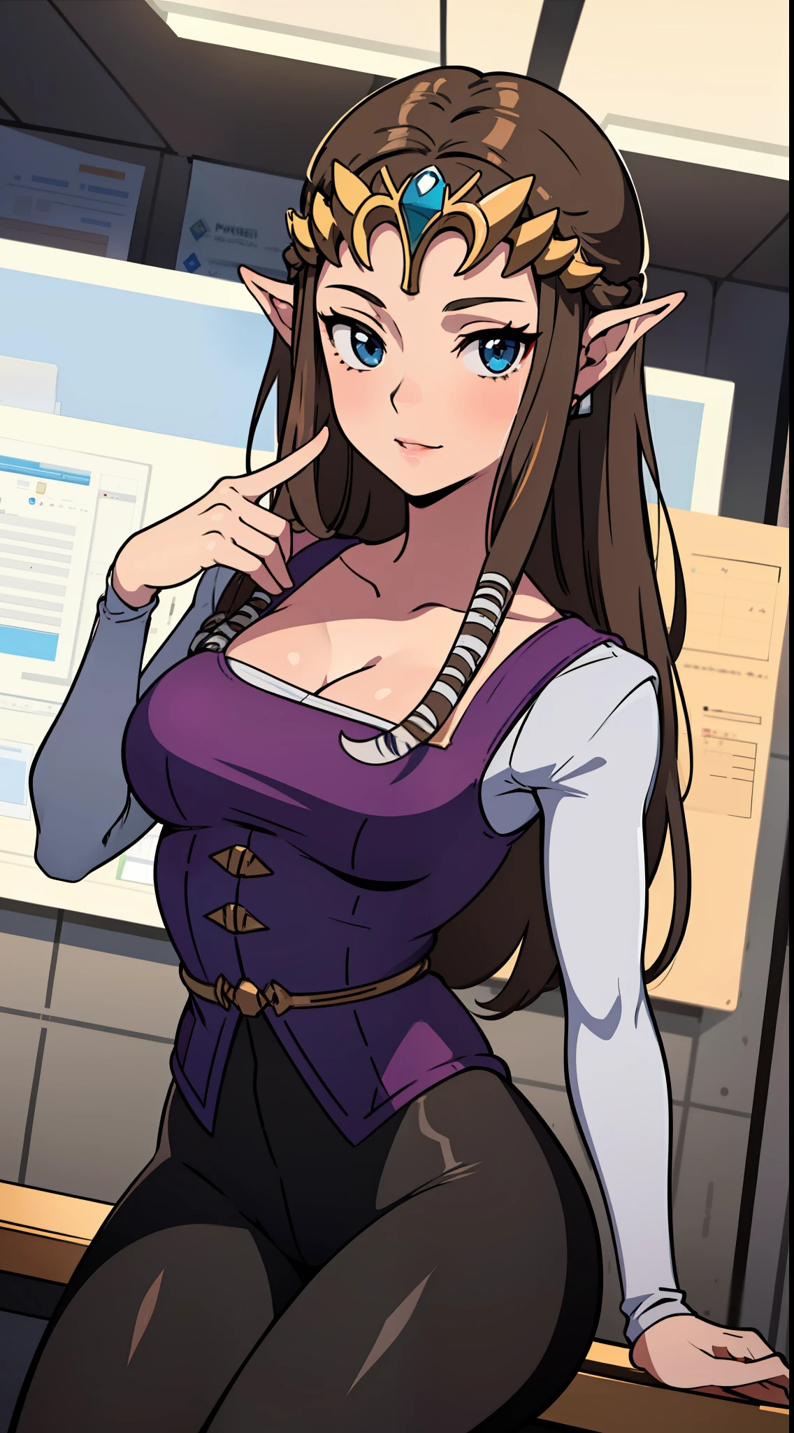 8K high quality, high accuracy, princess zelda, beautiful figure, beautiful face, small face, twilight princess, beautiful, office worker outfit, black suit, gray net tights, bright, highlights in eyes, blue eyes, small ears, brown hair, sexy, super big breasts, erotic, illustration, beautiful line drawing. Beautiful line drawing.