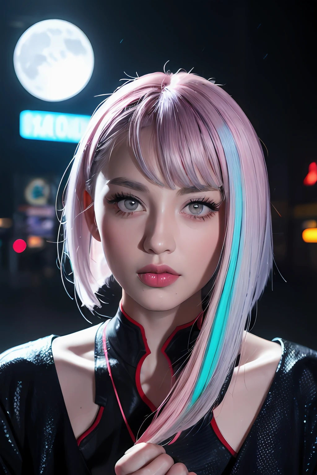 lucy \(cyberpunk\), 1girl,  hair scrunchie, hime cut, silver hair, colored tips, full moon, grey eyes, jacket, long sleeves, looking at viewer, medium hair, multicolored hair, parted bangs, parted lips, pink hair, portrait, red eyeliner, red lips, solo, white jacket, cyberpunk \(series\), rainy night in a cyberpunk city with glowing neon lights