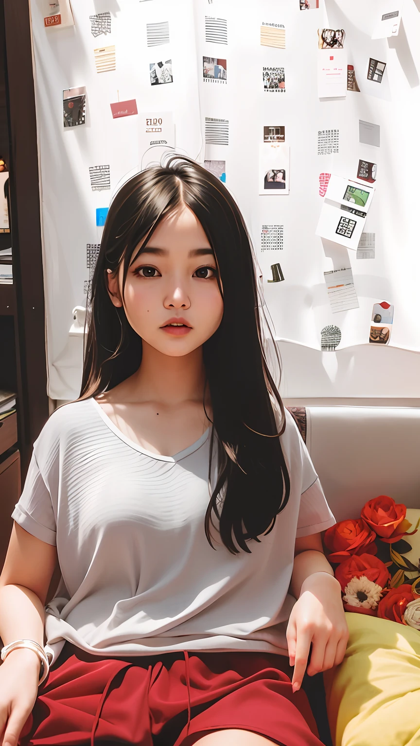 there is a woman sitting on a bed with a pillow, dang my linh, 18 years old, asian girl, chinese girl, 2 2 years old, a young asian woman, 2 7 years old, 21 years old, young asian girl, 19-year-old girl, 1 8 yo, 2 3 years old, 2 8 years old