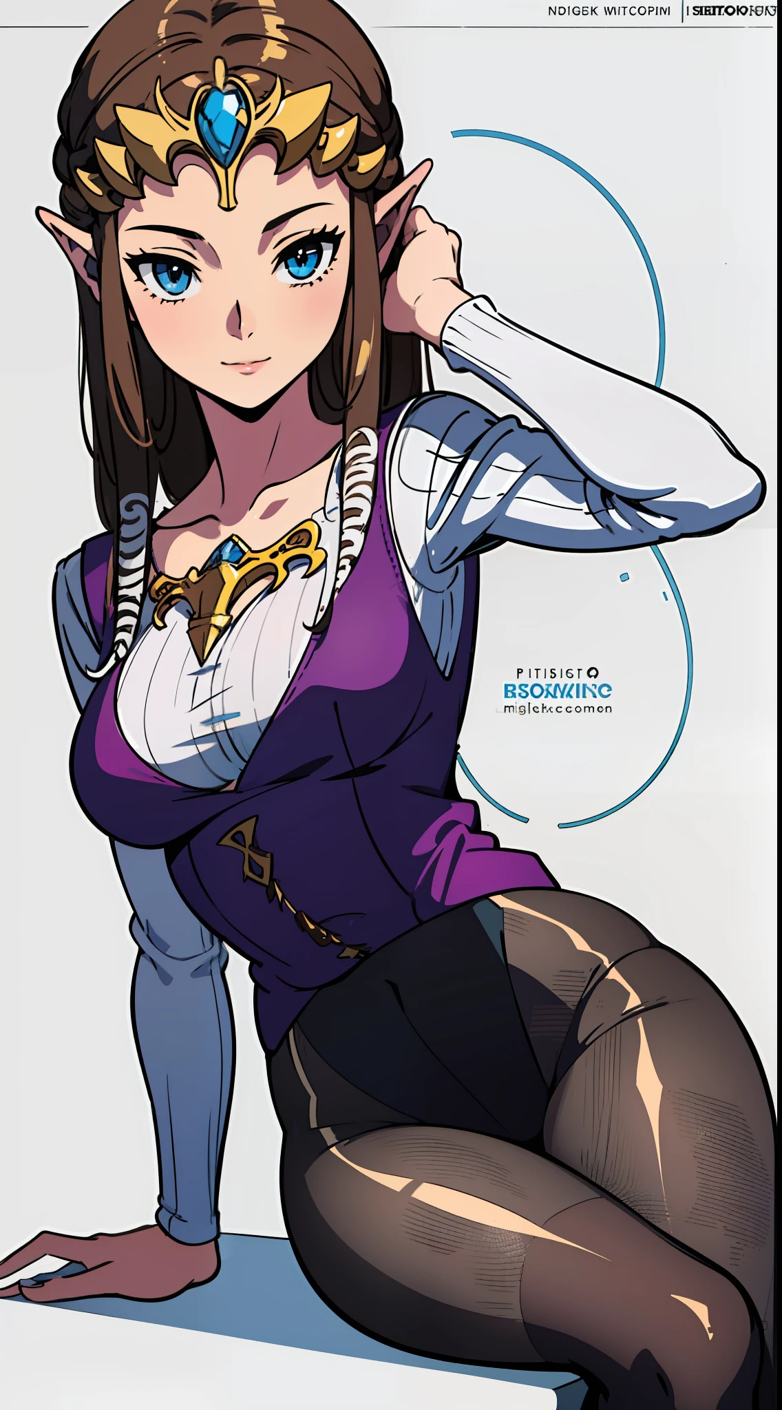 8K high quality, high accuracy, princess zelda, beautiful figure, beautiful face, small face, twilight princess, beautiful, office worker outfit, black suit, gray net tights, bright, highlights in eyes, blue eyes, small ears, brown hair, sexy, super big breasts, erotic, illustration, beautiful line drawing. Beautiful line drawing.