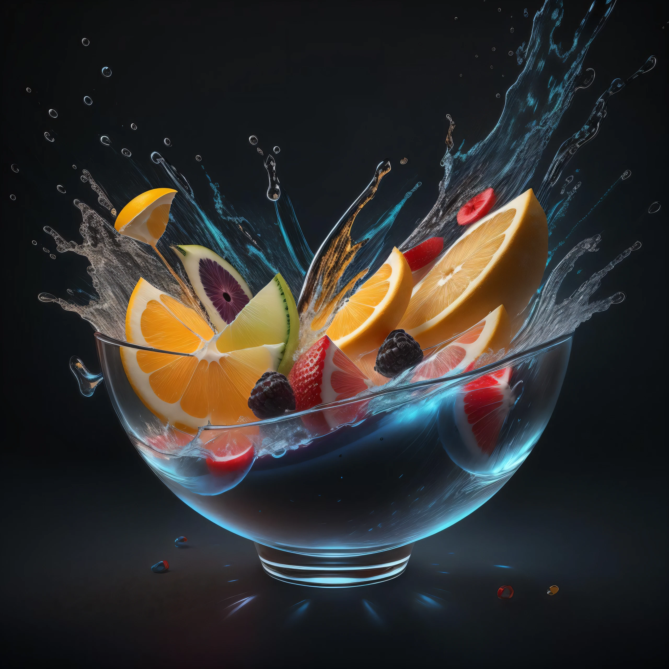 Fresh Fruit Splashing in a Bowl in a dark blue lighting background, Fruit Juice Splash, super fine detail, bright colors, 8k resolution, volumetric lighting, cinema4d, super resolution, CGsociety, transparent resine, ultra wide angle, cinematic lighting, super detailed, atmosphere, insanely detailed, beautifully lit, insanely detailed and intricate, hypermaximalist, moody, rule of thirds, textures, Unreal Engine
