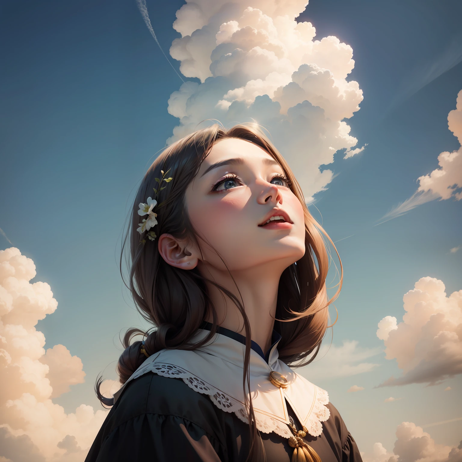 femele, whaite hair, Look up at the sky。