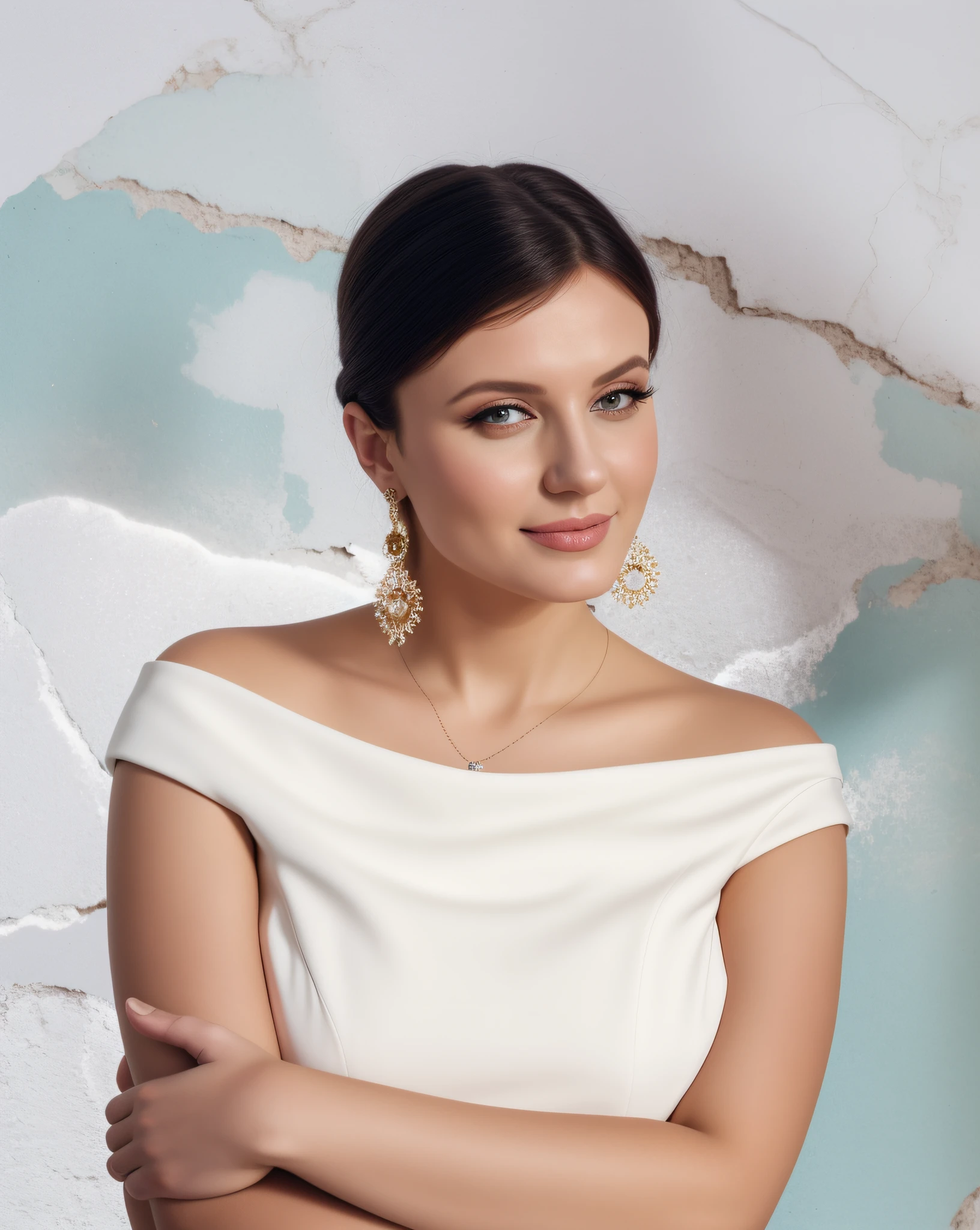 a woman in a white dress posing for a picture, against the background of the picture, wall with decorative plaster, alina ivanchenko, olga buzova, moleksandra shchaslyva, nadezhda tikhomirova, sofya emelenko, yelena belova, anastasia ovchinnikova, julia gorokhova, Angelina Stroganova, anna nikonova, Mina Petrovich