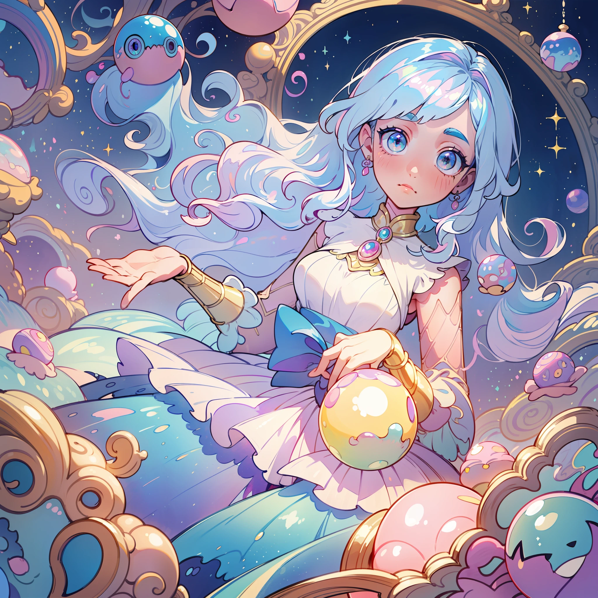 masterpiece, best quality, 8k resolution, sharp focus, intricate detail, beautiful girl, sparkling eyes, golden ratio face, otherworldly liquid, watercolor, ((pastel colors)), bright colors, whimsical, colorful, sharp focus, high resolution, fine detail, princess fantasy ballgown, ((round eyes)), iridescent bubbles, castle landscape in background