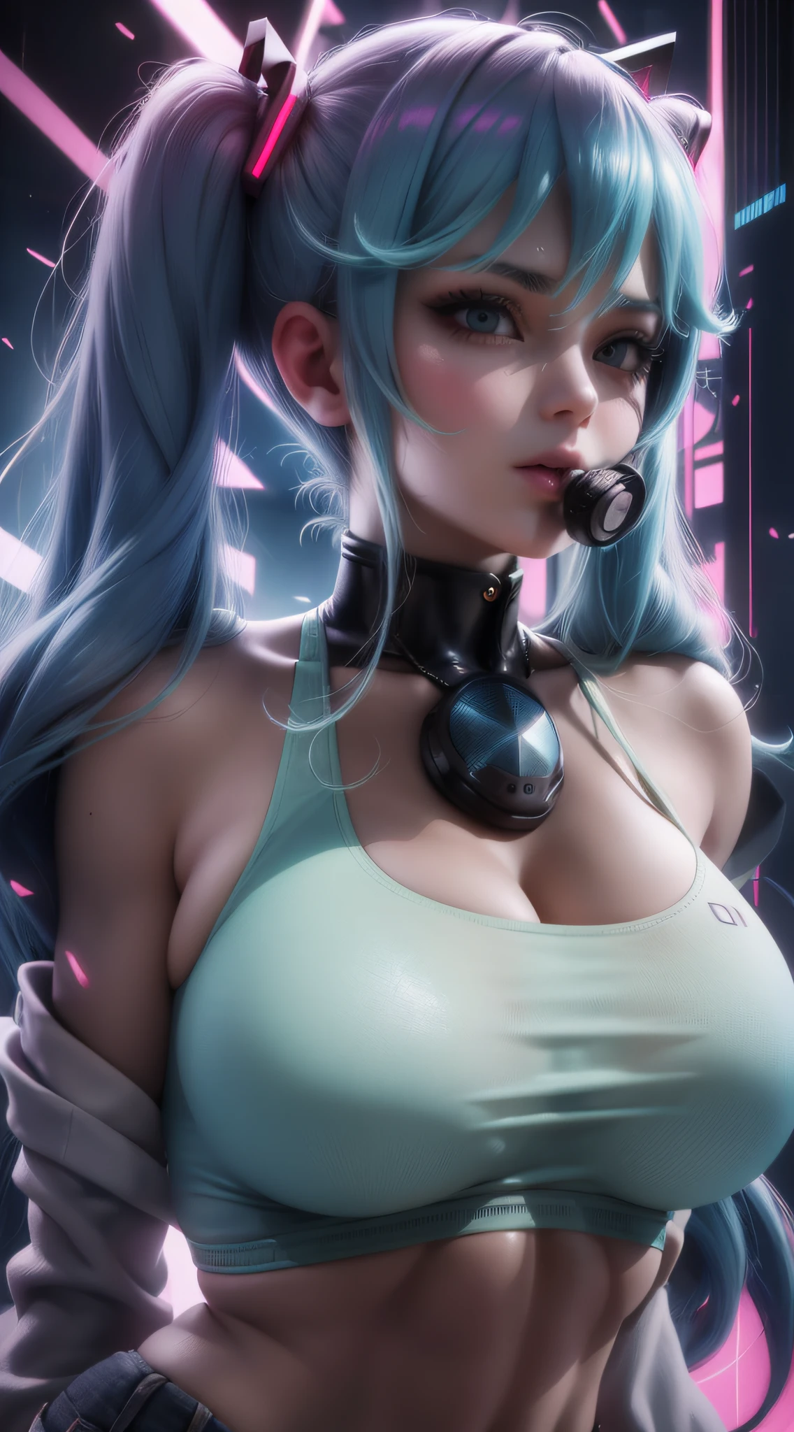 Big breasts Hatsune Miku，extremelydetailedface，sports bra，shorter pants，Pantyhose，full bodyesbian，Realistic rendering of Vista Unreal Engine 5，（（lengthwise：1.2））， Raiden general， Detailed clothes， white  clothes， bluntbangs， pigtails， （：1.1），， wide-sleeved kimono， hair adornments， white japanese clothes， （red waistband：1.4）， （Purple colored hair：1.4）， Very long hair， hair straight， 详细的脸， in cold face， （smooth jaw：0.85）， Keep your mouth shut， long eyelasher， sharp sharp eyes， looking at viewert， beautidful eyes， Detailed eyes， Thick eyebrows，Red Eyeshadow，symetrical eyes，（ulzzang-6500：0.7），a skirt，（from below：1.1），（Cyberpunk-city：1.4），From the side Side，（the roof：1.5），（As estrelas\（Skysky）：1.3），photon maping，physically-based renderingt，RAW photos，highly detailed back ground，A high resolution，ssee-through，beauitful face，The top body is super realistic lean muscle and super largest_breasts！！With boobs_The type of melons，The lower ones are huge hips，wet shiny body