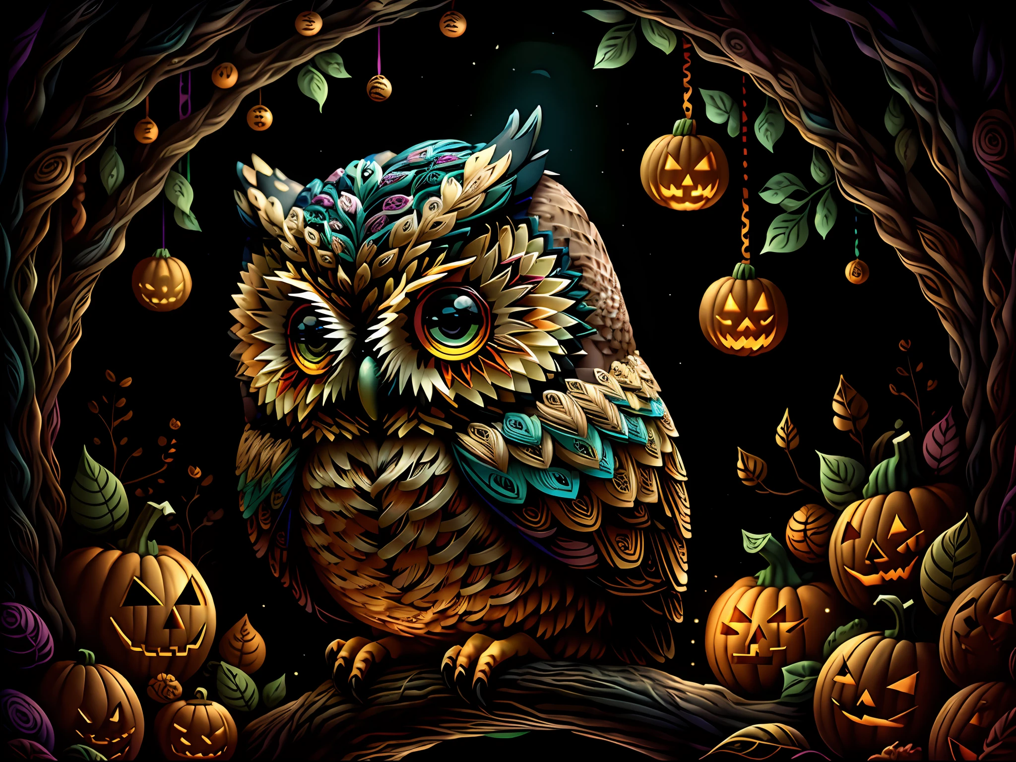 "owl in a dark forest at night surrounded by pumpkins and jack-o'-lanterns for halloween, multi-dimensional quilling paper, art, chibi, yang08k, beautiful, colorful, masterpieces, top quality, best quality, official art, beautiful and aesthetic, (16k ultra-realistic)"