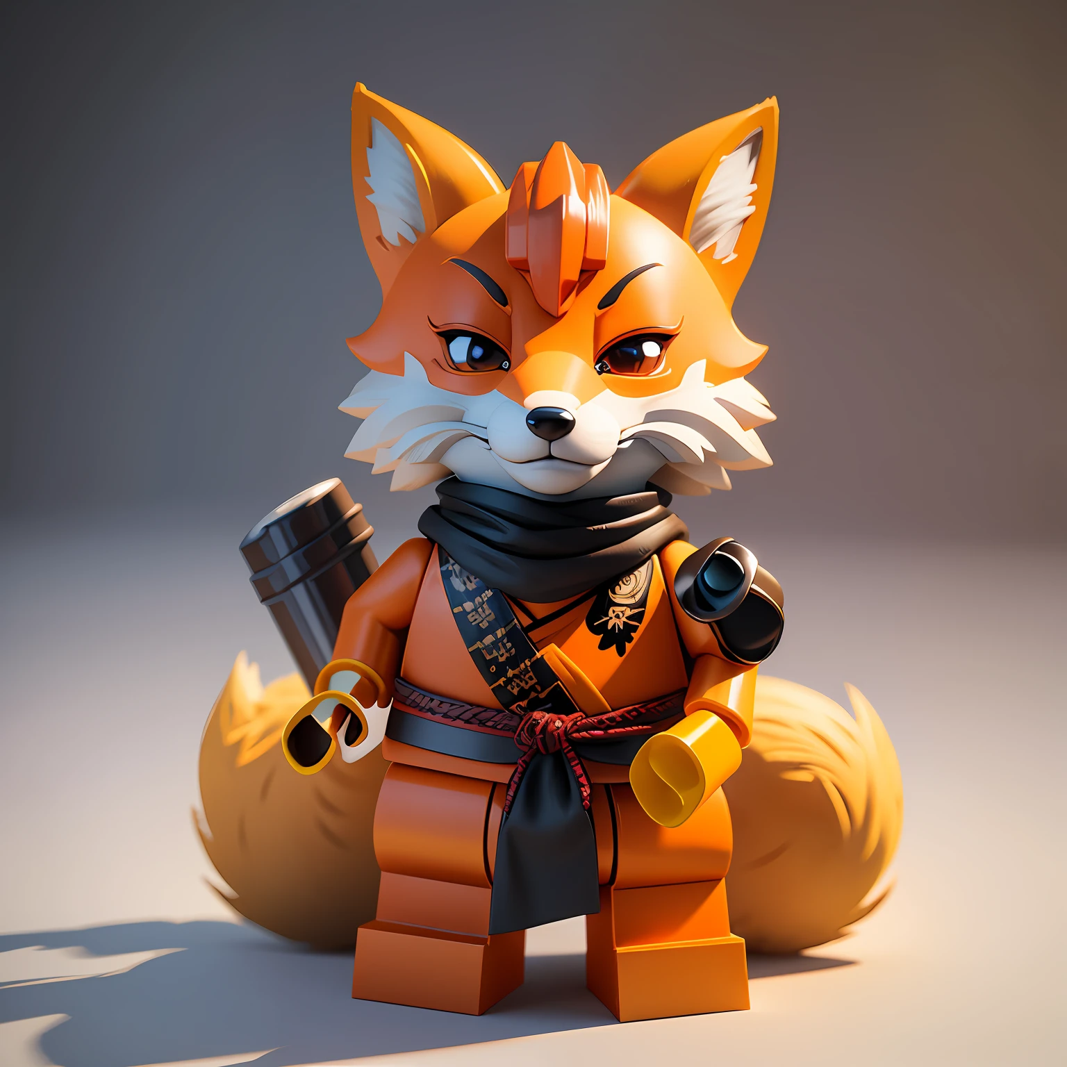 Lego fox on white background, foxes, Fox Fox Fox, Lego Characters, Rendering in Cinema 4 D, Render with Cinema4D, Styling with 3D rendering, Rendering with octane rendering, Octane rendering in 32K, Anthropomorphic samurai fox, Cute fox, cute 3d rendering, inspired by Zhu Da