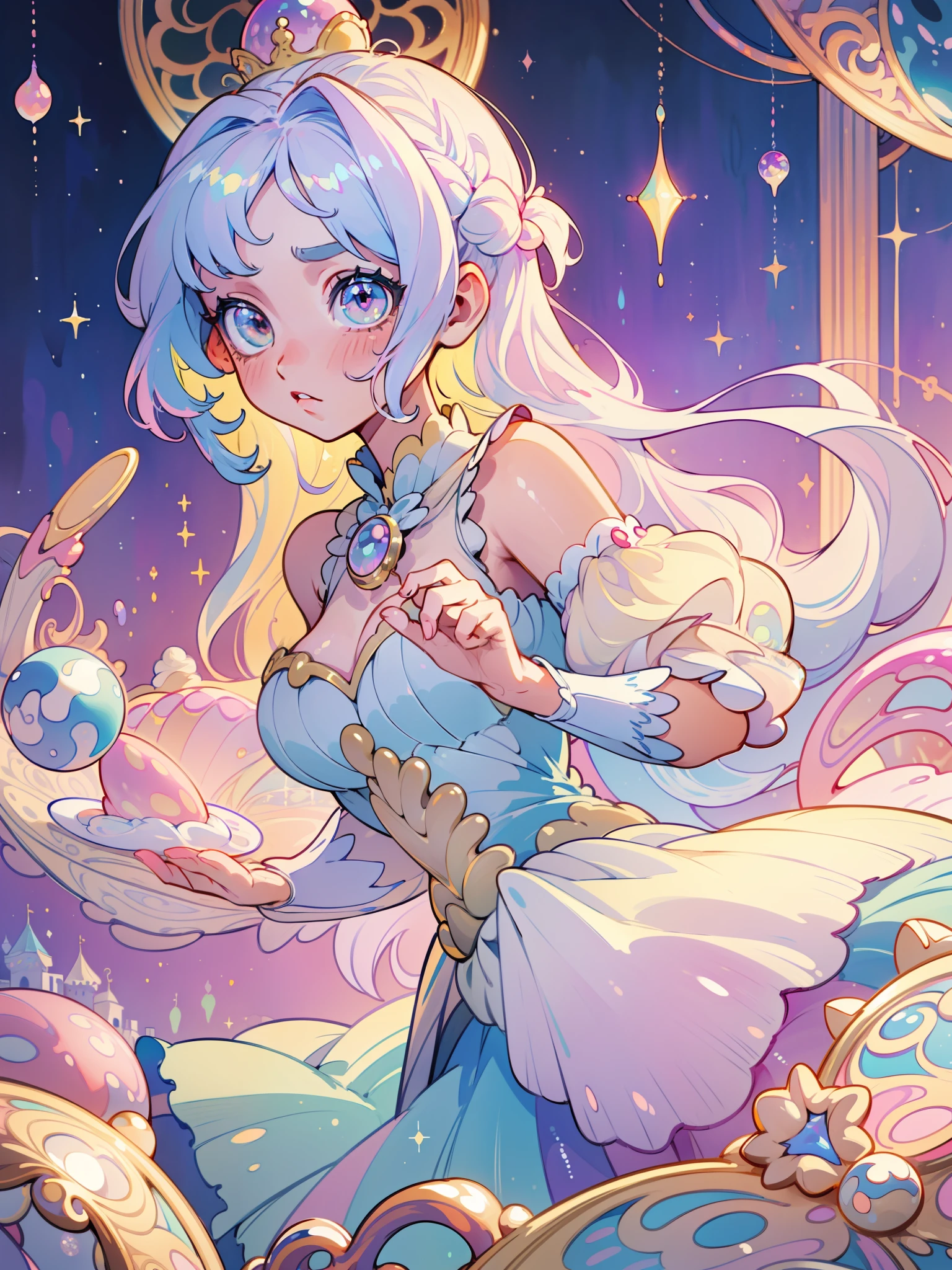 masterpiece, best quality, 8k resolution, sharp focus, intricate detail, beautiful girl, sparkling eyes, golden ratio face, otherworldly liquid, watercolor, ((pastel colors)), bright colors, whimsical, colorful, sharp focus, high resolution, fine detail, princess fantasy ballgown, ((round eyes)), iridescent bubbles, castle landscape in background