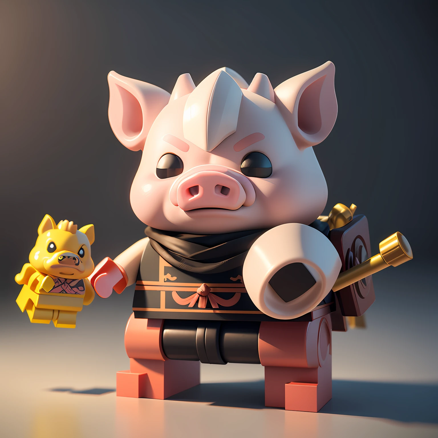 Lego pig on white background, pig, Pig Pig Pig, Lego Characters, Rendering in Cinema 4 D, Render with Cinema4D, Styling with 3D rendering, Rendering with octane rendering, Octane rendering in 32K, Anthropomorphic samurai pig, Cute pig, cute 3d rendering, inspired by Zhu Da