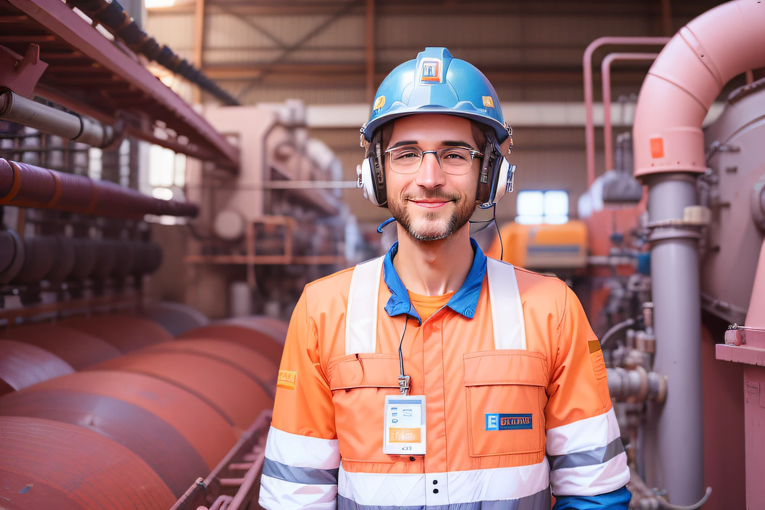 Man in orange safety vest and helmet standing in a factory, Seguro para o trabalho. foto do instagram, retrato fino, foto de retrato, full protrait, seguro para o trabalho, Seguro para o trabalho. cinemactic, fotografia industrial, muito feliz, um alambique de um feliz, visual superior, Nekro Petros Afshar, foto retrato, with a happy expression