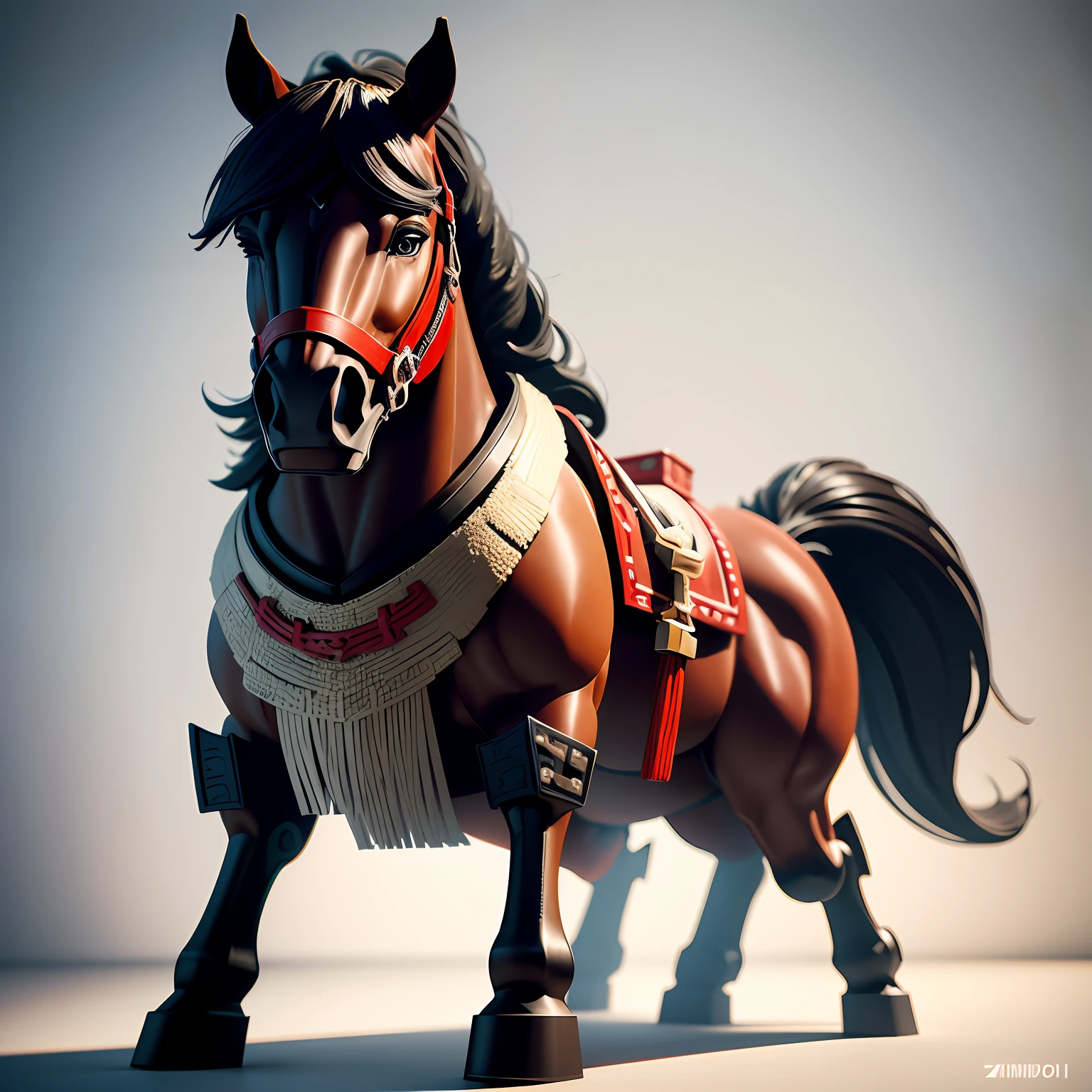 Lego horse on white background, horse, Horses, horses, horses, Lego Characters, Rendering in Cinema 4 D, Render with Cinema4D, Styling with 3D rendering, Rendering with octane rendering, Octane rendering in 32K, Samurai horse holding an anthropomorphic sword, Cute horse, cute 3d rendering, inspired by Zhu Da
