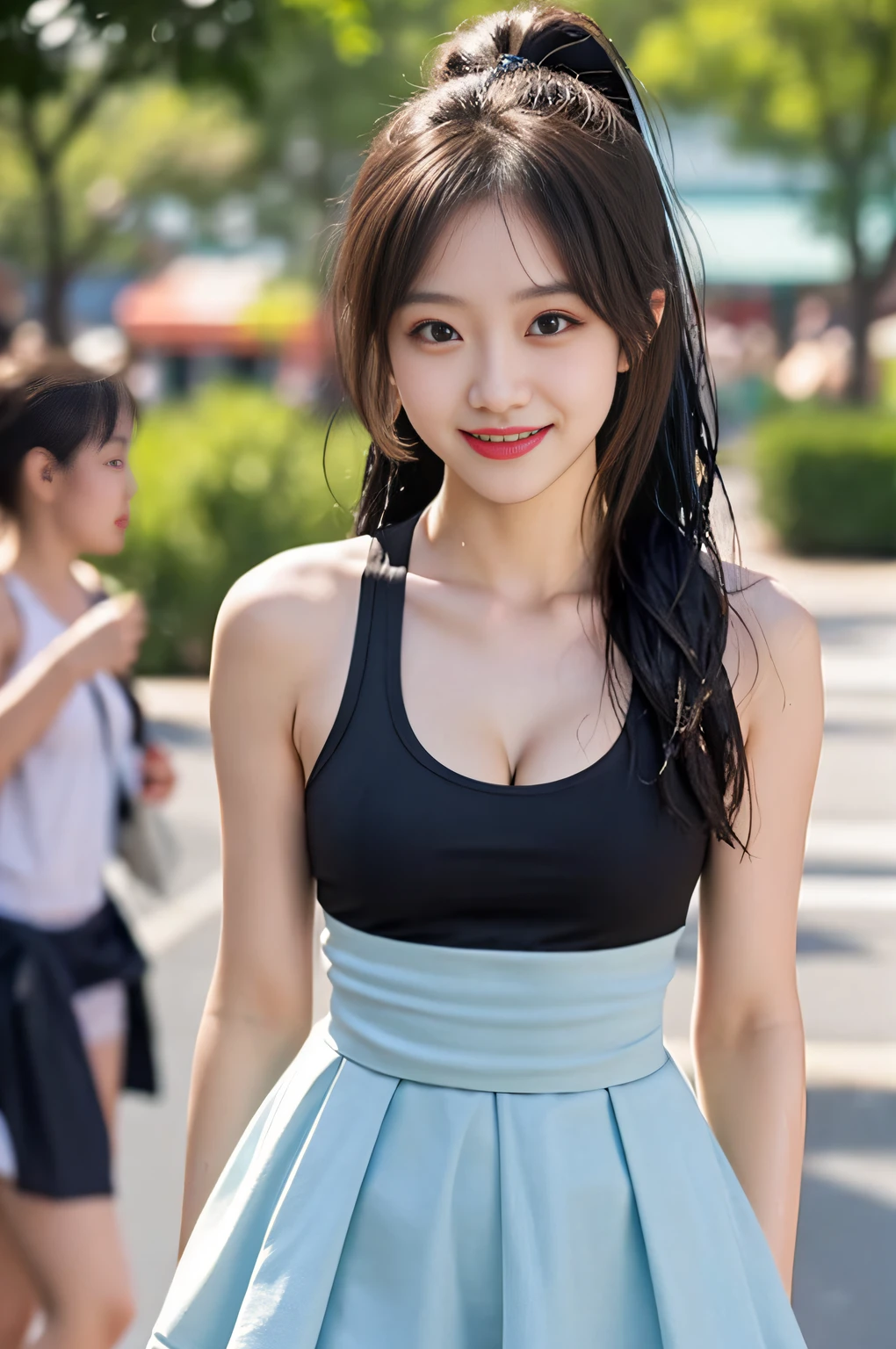 ((1 female: 1.5)), (anatomically correct proportions), (sexy proportions), ((male attractive poses)), detailed face, detailed hair, detailed skin, (( Small face: 1.2)), (light makeup), thin waist, (large breasts), ((short torso)), ((1 screen)), 8K, RAW shot, highest quality, ((masterpiece)), realistic photo, shot above the knee, (cute face like a Japanese idol), 18-year-old beauty, (amusement park on a hot summer day: 1.5), sweaty standing beauty, body sweaty Shining: 1.5, (Transparent tank top with thin fabric: 1.5), Sweat-stained tank top: 1.5, (Body-fitting tank top), (No bra: 1.5), (Cleavage), ((nipple shadow: 1.5)), (miniskirt is wet: 1.5), (forehead sweat), (wet bangs: 1.8), ponytail, smile to seduce a man